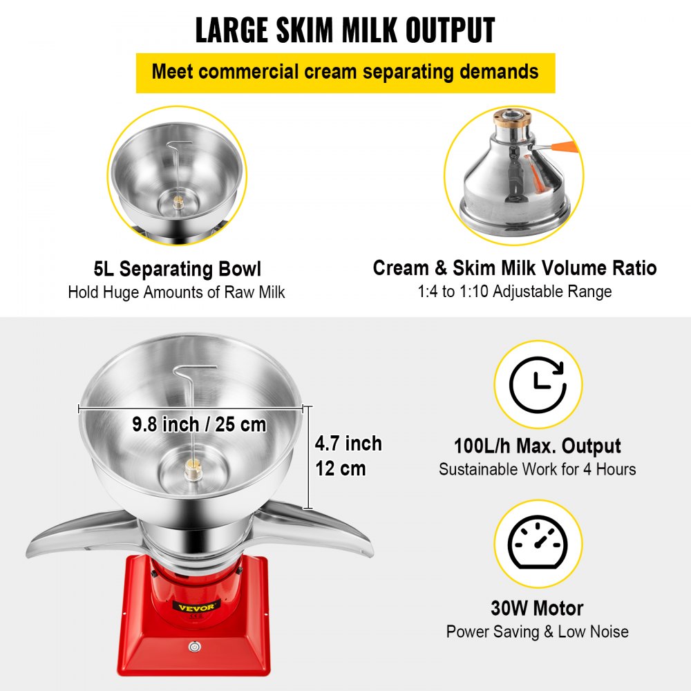 VEVOR Milk Cream Centrifugal Separator, 100L/h Output, 304 Stainless Steel Cream Separator with 5L Milk Bowl Capacity, 10500RPM Rotating Speed, Milk Skimmer for Fresh Milk Goat Milk Cream, Red