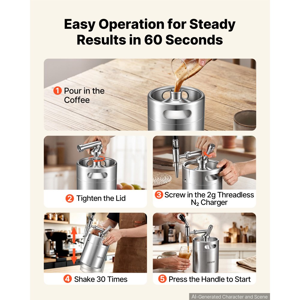 VEVOR Nitro Cold Brew Koffiekan 4L, Roestvrijstalen Koffiemaker met Kraan, Koffiekan voor Thuisgebruik, Draagbare Koffiekan met Dispenser en Overdrukventiel, Geschikt voor Koffieliefhebbers