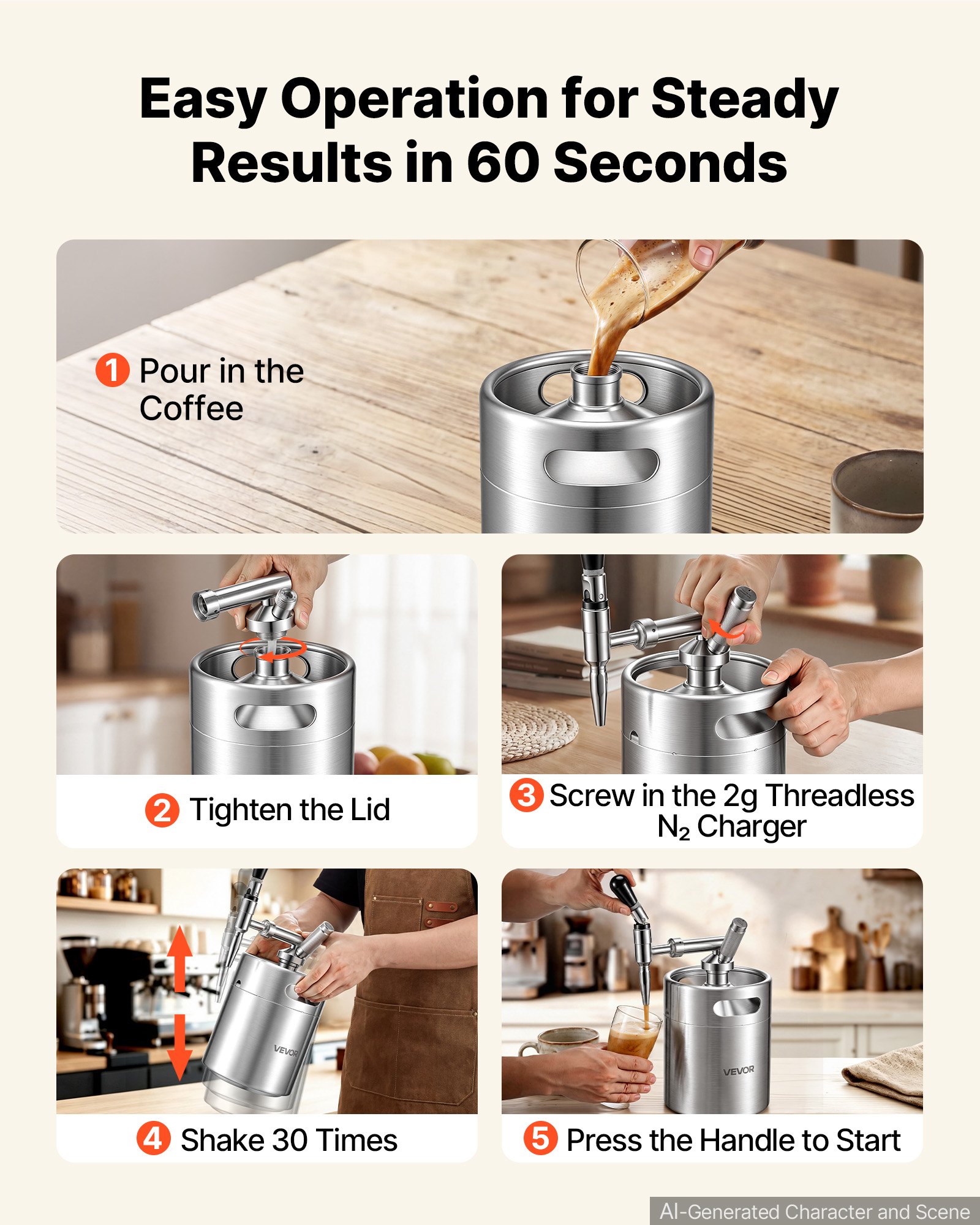 VEVOR Nitro Cold Brew Koffiekan 4L, Roestvrijstalen Koffiemaker met Kraan, Koffiekan voor Thuisgebruik, Draagbare Koffiekan met Dispenser en Overdrukventiel, Geschikt voor Koffieliefhebbers