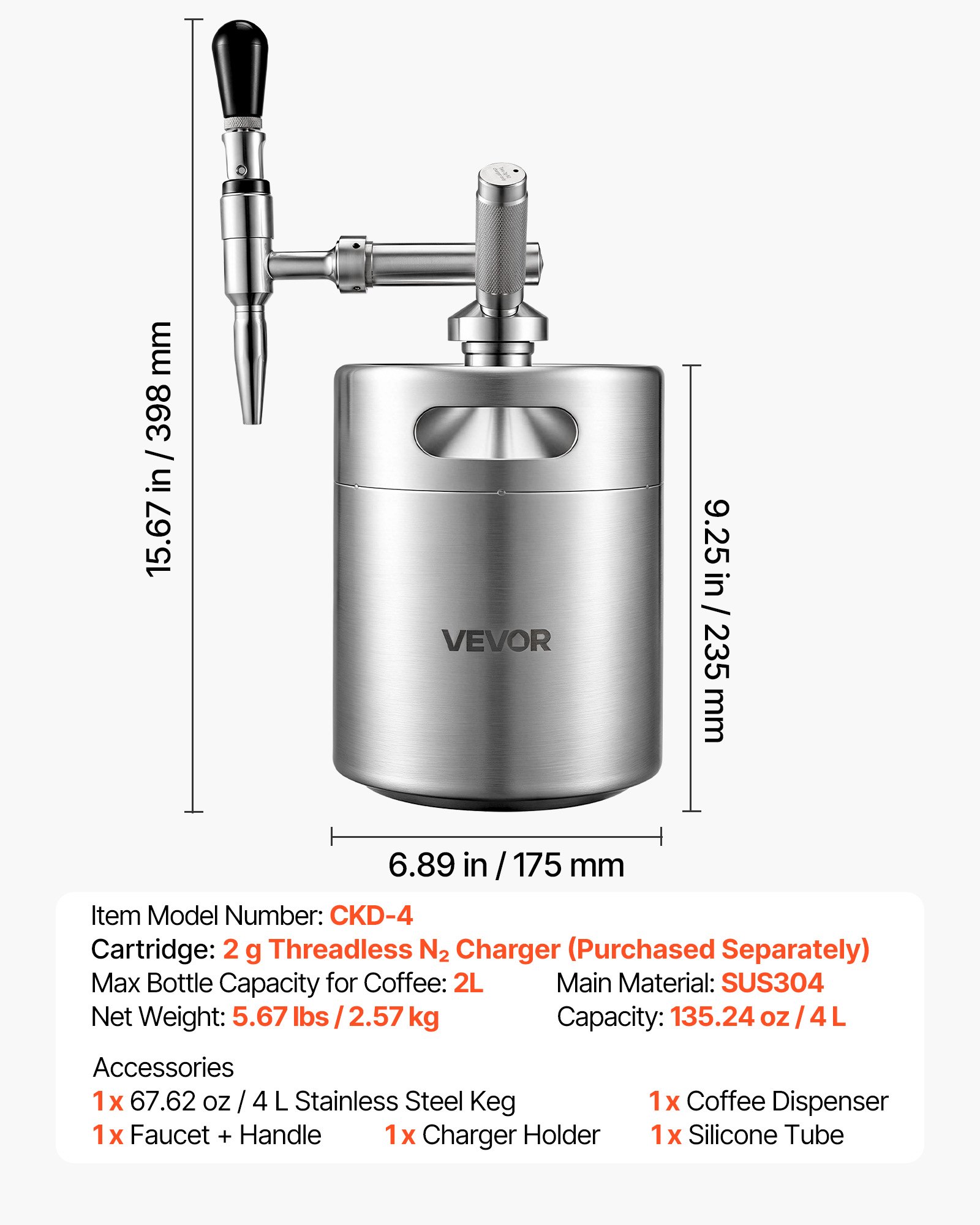 VEVOR Nitro Cold Brew Koffiekan 4L, Roestvrijstalen Koffiemaker met Kraan, Koffiekan voor Thuisgebruik, Draagbare Koffiekan met Dispenser en Overdrukventiel, Geschikt voor Koffieliefhebbers