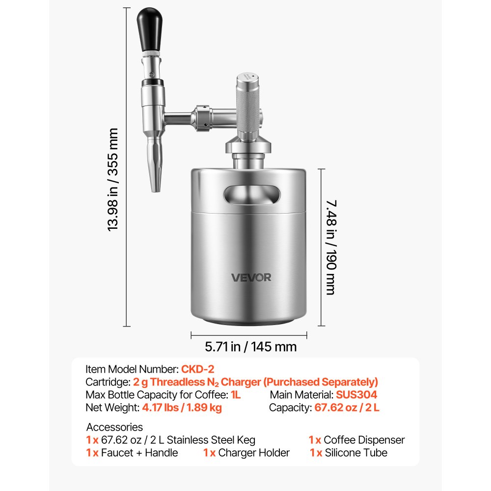 VEVOR Nitro Cold Brew Koffiekan 2L, Roestvrijstalen Koffiemaker met Kraan, Koffiekan voor Thuisgebruik, Draagbare Koffiekan met Dispenser en Overdrukventiel, Geschikt voor Koffieliefhebbers
