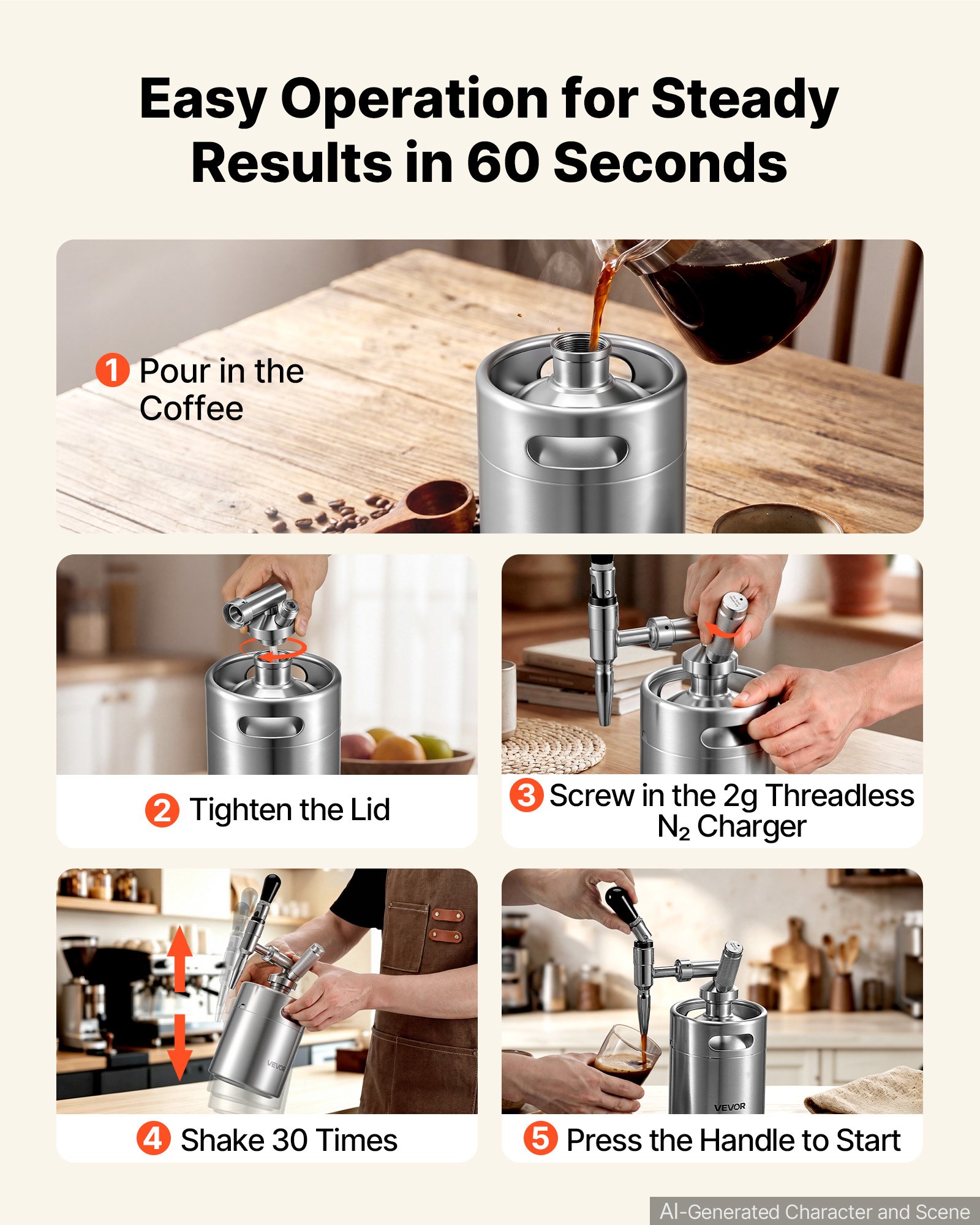 VEVOR Nitro Cold Brew Koffiekan 2L, Roestvrijstalen Koffiemaker met Kraan, Koffiekan voor Thuisgebruik, Draagbare Koffiekan met Dispenser en Overdrukventiel, Geschikt voor Koffieliefhebbers