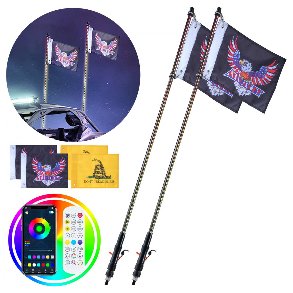 VEVOR led whip lights with colorful flags, remote, and smartphone control features.