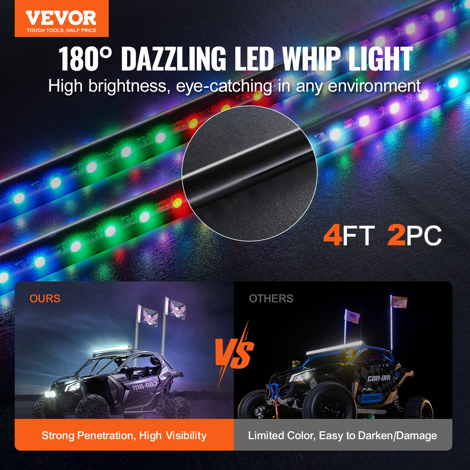 VEVOR 2 PCS 4 FT Whip Light, APP & RF Remote Control Led Whip Light, Waterproof RGB Chasing Lighted Whips with 4 Flags, for UTVs, ATVs, Motorcycles, RZR, Can-am, Trucks, Off-road, Go-karts