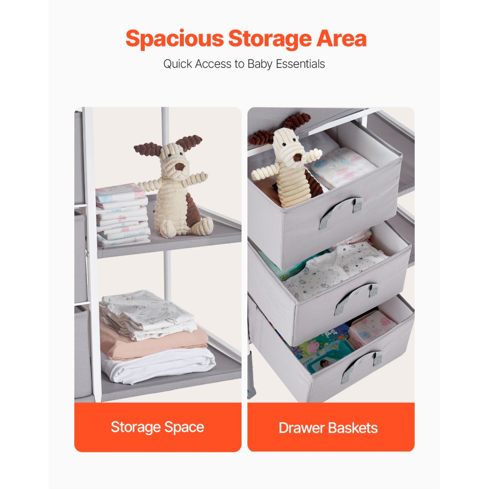 VEVOR Draagbare verschoontafel met 3 stoffen lades en vergrendelbare wielen, in hoogte verstelbare multifunctionele babyverschoontafel met opbergorganizer voor de kinderkamer, grijs