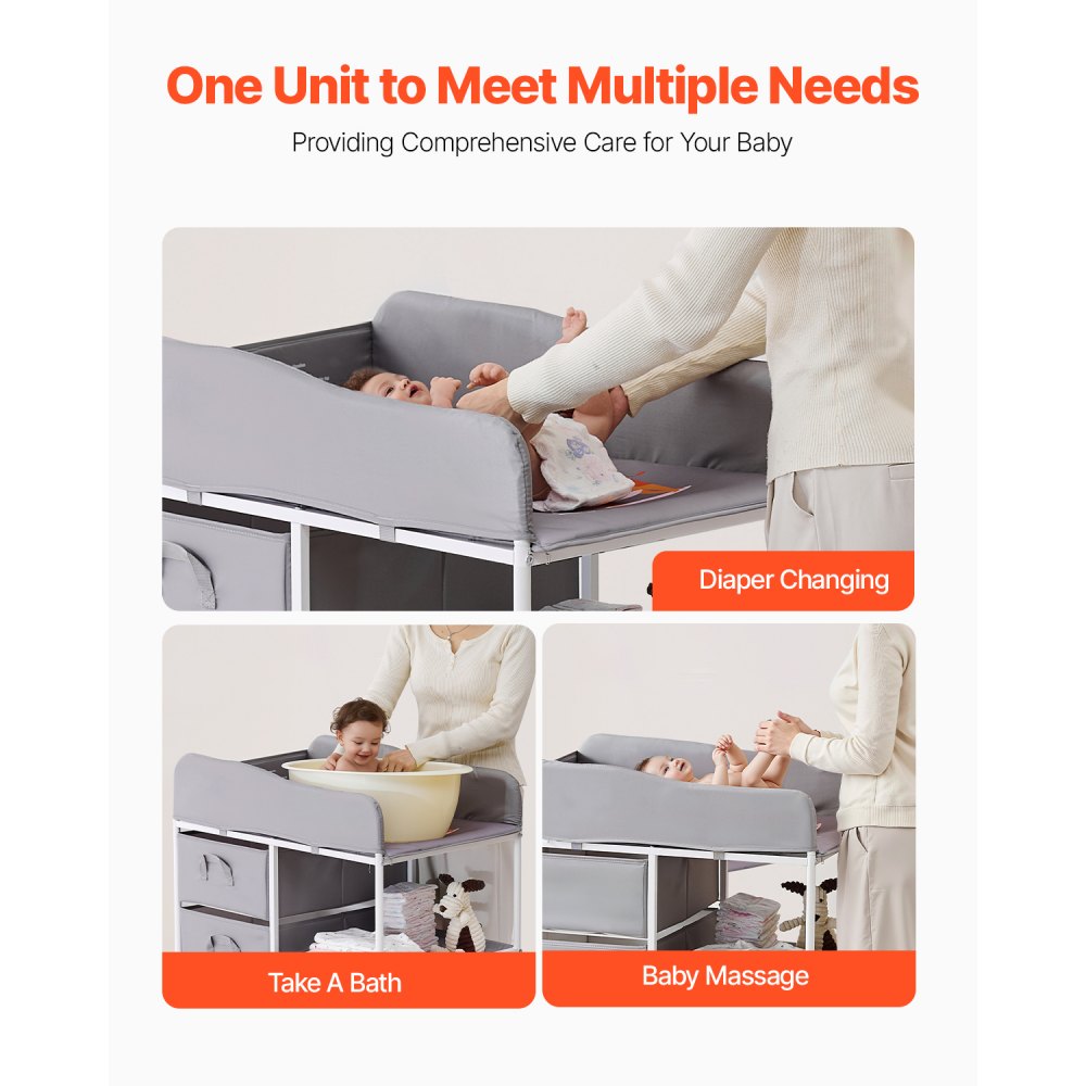 VEVOR Draagbare verschoontafel met 3 stoffen lades en vergrendelbare wielen, in hoogte verstelbare multifunctionele babyverschoontafel met opbergorganizer voor de kinderkamer, grijs
