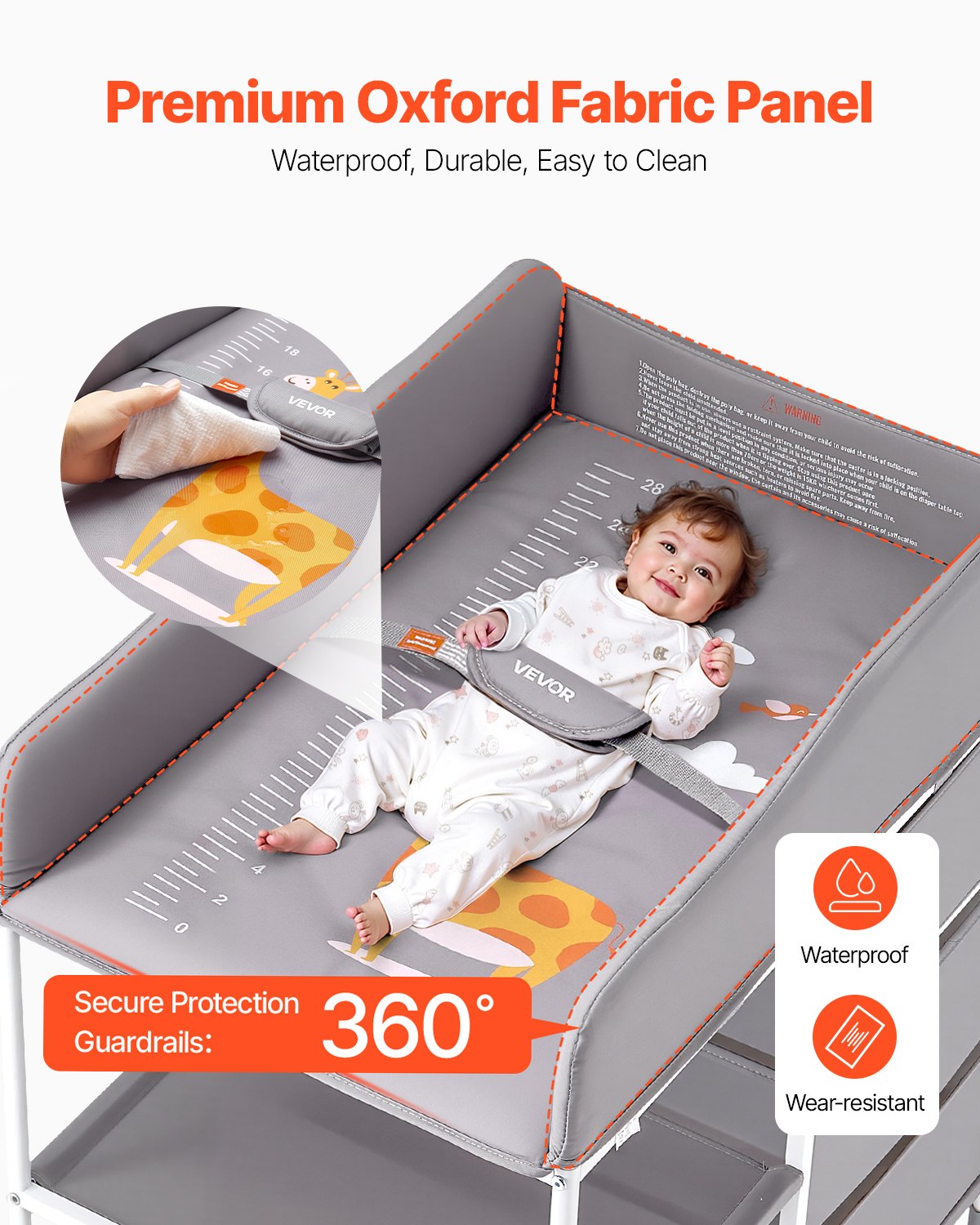 VEVOR Draagbare verschoontafel met 3 stoffen lades en vergrendelbare wielen, in hoogte verstelbare multifunctionele babyverschoontafel met opbergorganizer voor de kinderkamer, grijs