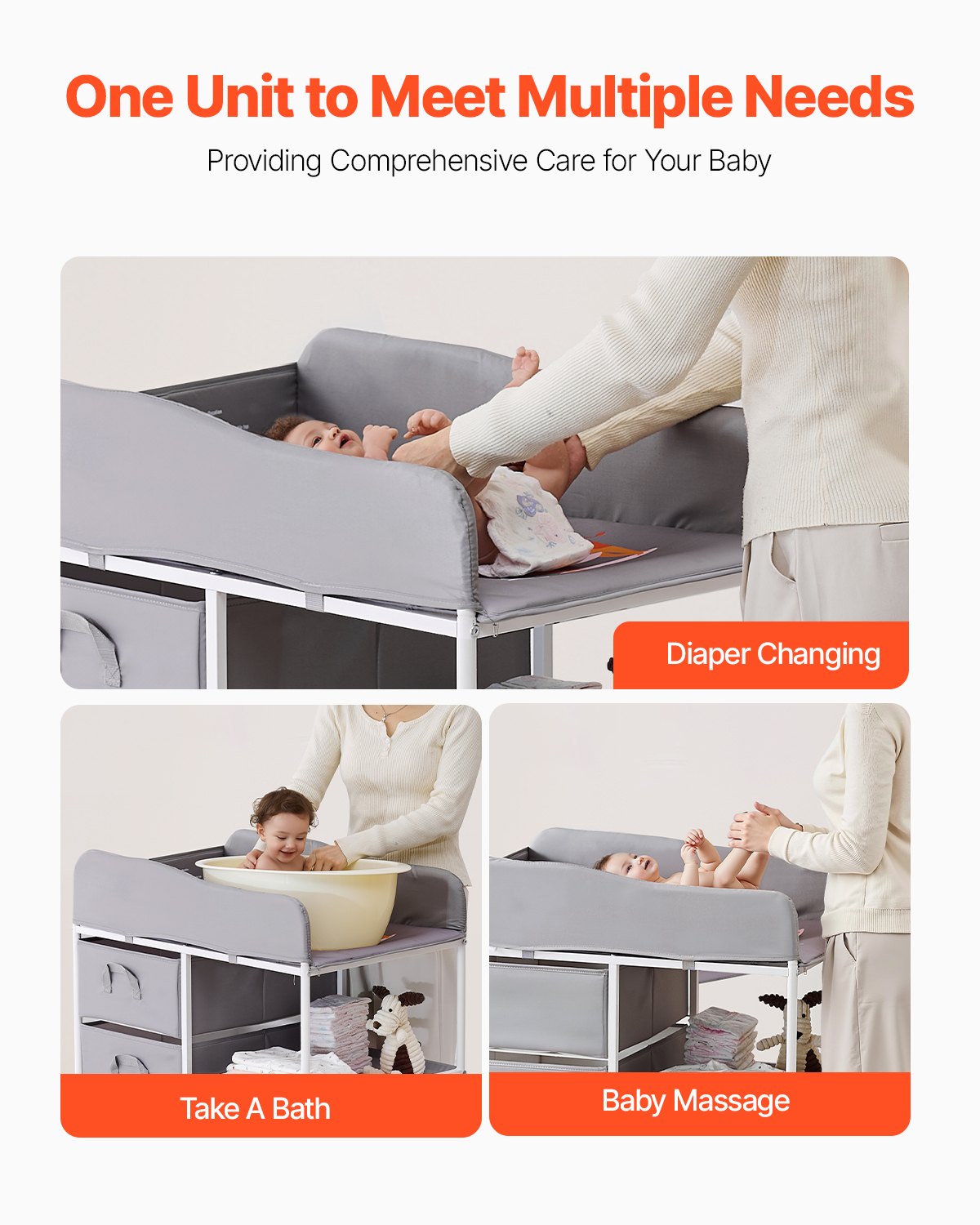 VEVOR Draagbare verschoontafel met 3 stoffen lades en vergrendelbare wielen, in hoogte verstelbare multifunctionele babyverschoontafel met opbergorganizer voor de kinderkamer, grijs