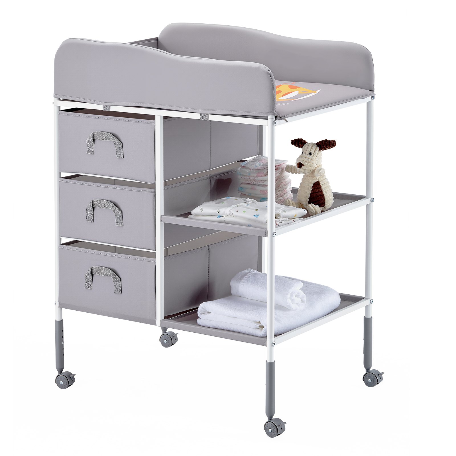 VEVOR Draagbare verschoontafel met 3 stoffen lades en vergrendelbare wielen, in hoogte verstelbare multifunctionele babyverschoontafel met opbergorganizer voor de kinderkamer, grijs