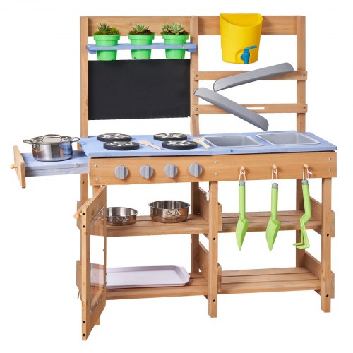 VEVOR Speelkeuken, Kinderkeuken, Speelgoedkeuken met Fornuis, Haken, Spoelbak, Plantspatel, Spatels, Handvatten, Kookgerei & Accessoires, Houten Keuken voor Kinderen vanaf 3 jaar, 762x324x914 mm