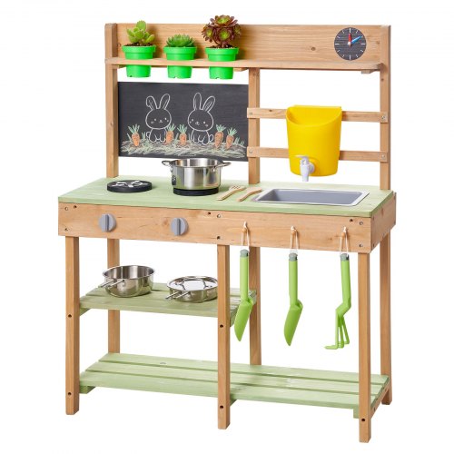 VEVOR Speelkeuken, Kinderkeuken, Speelgoedkeuken met Fornuis, Watertank, Spoelbak, Planttroffels, Spatel, Opbergdoos, Kookgerei & Accessoires, Houten Buitenkeuken voor Kinderen vanaf 3 jaar, 762x324x914 mm