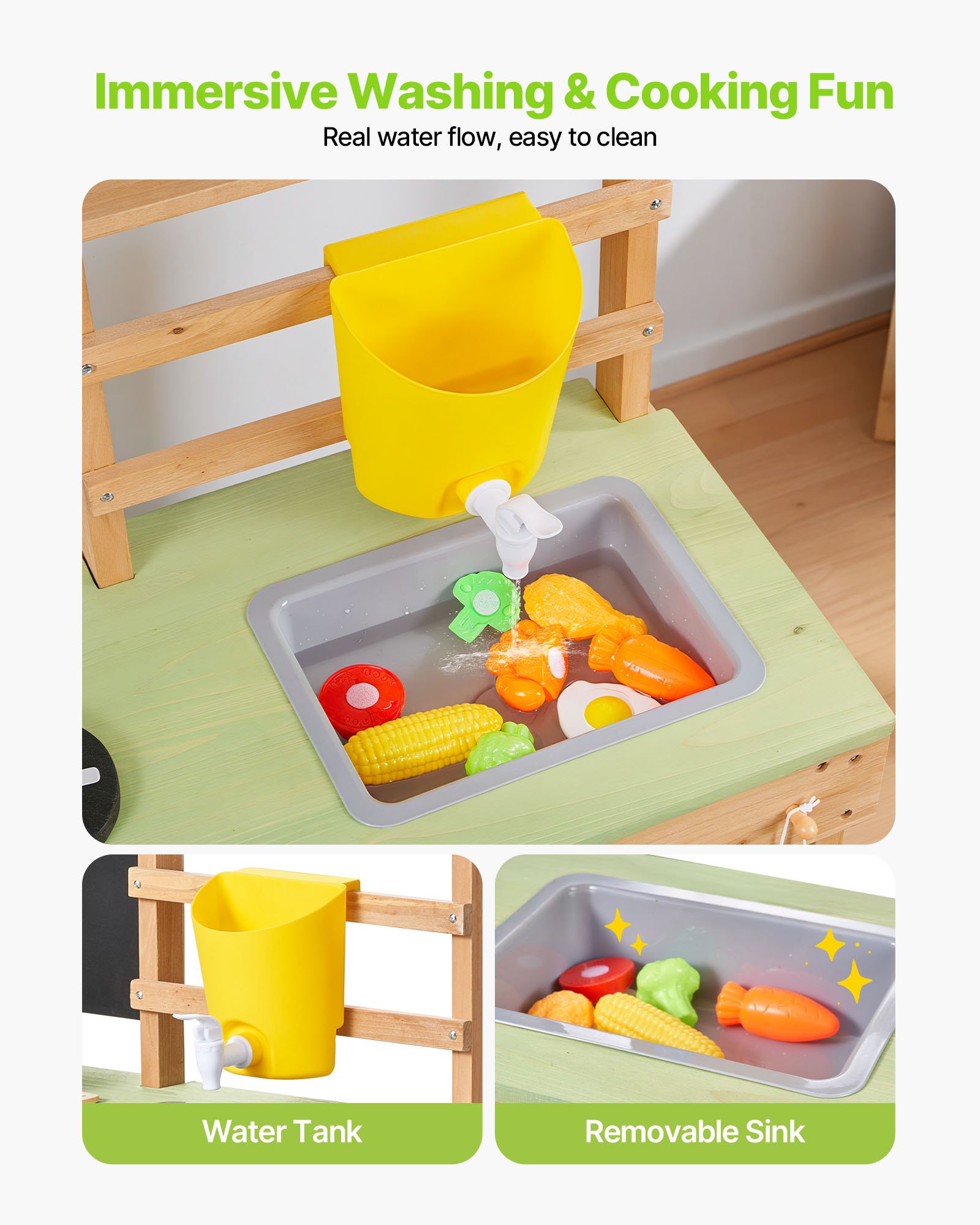 VEVOR Speelkeuken, Kinderkeuken, Speelgoedkeuken met Lepels, Spoelbak, Zonnescherm, Zwenkwielen, Kookgerei & Accessoires, Houten Keuken, Ideaal voor Kinderen vanaf 3 jaar, 880x326x900 mm