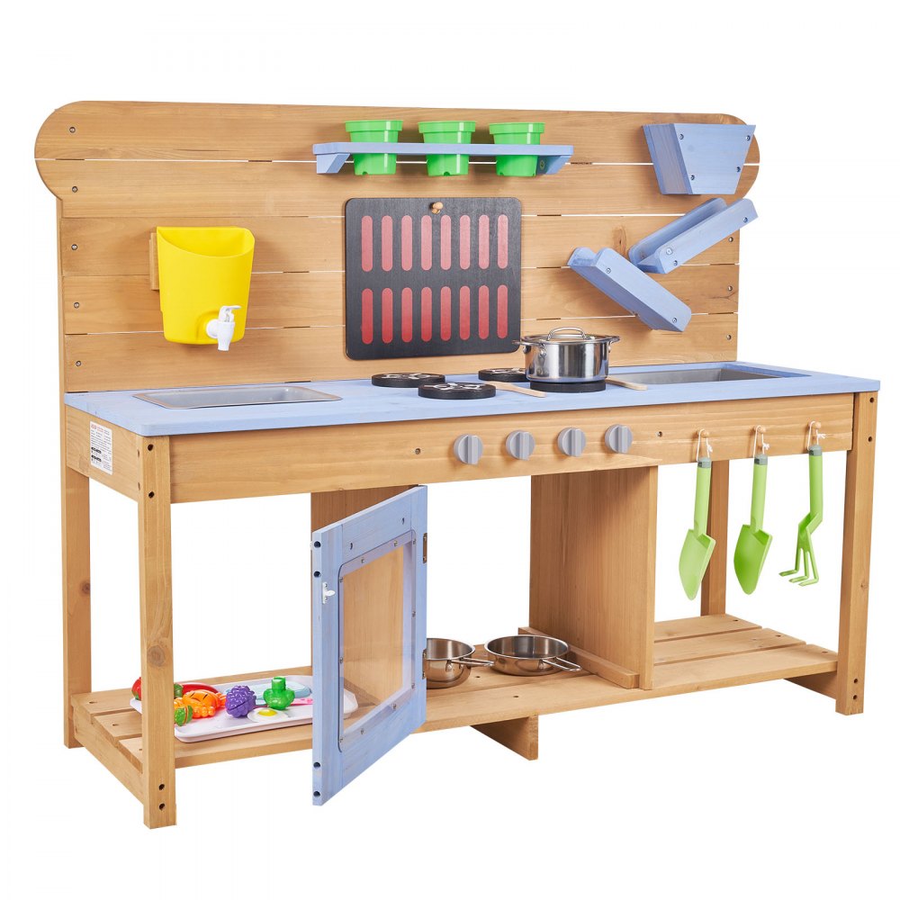 VEVOR Speelkeuken, Kinderkeuken met Fornuis, Haken, Dubbele Spoelbak, Plantspatel, Spatels, Kookgerei & Accessoires, Speelkeuken om mee te spelen met water en zand, Houten Keuken, 1220x425x930 mm