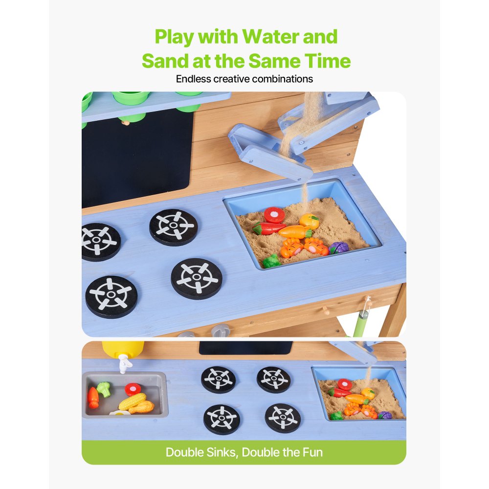 VEVOR Speelkeuken, Kinderkeuken met Fornuis, Haken, Dubbele Spoelbak, Plantspatel, Spatels, Kookgerei & Accessoires, Speelkeuken om mee te spelen met water en zand, Houten Keuken, 1220x425x930 mm