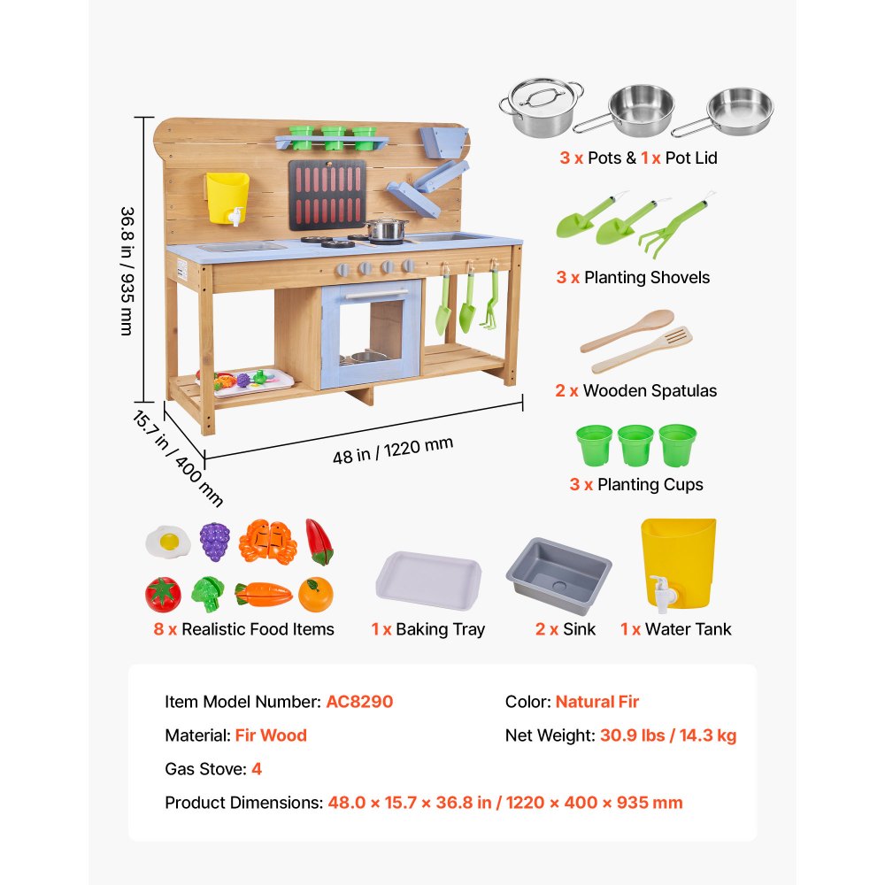 VEVOR Speelkeuken, Kinderkeuken met Fornuis, Haken, Dubbele Spoelbak, Plantspatel, Spatels, Kookgerei & Accessoires, Speelkeuken om mee te spelen met water en zand, Houten Keuken, 1220x425x930 mm