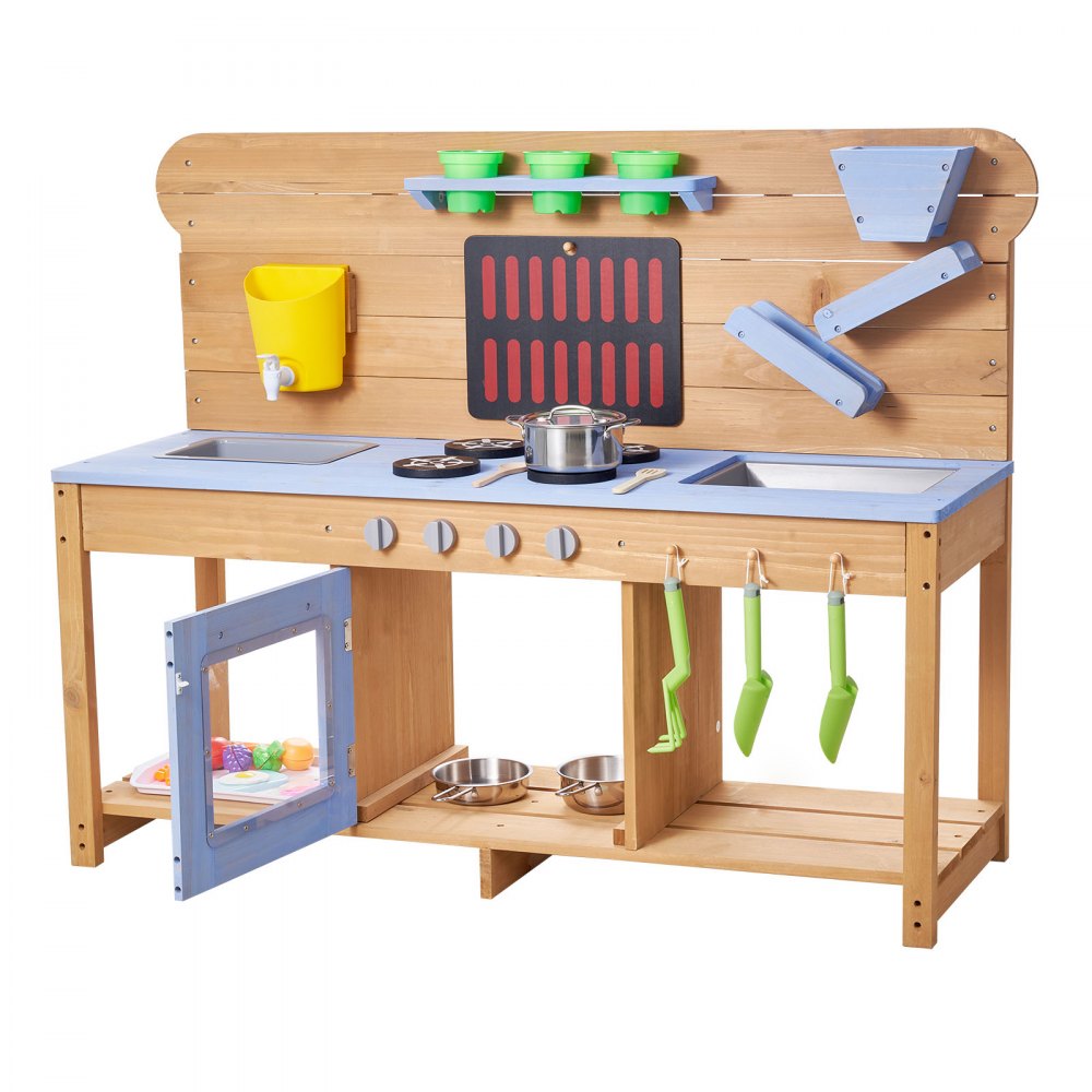VEVOR Speelkeuken, Kinderkeuken met Fornuis, Haken, Dubbele Spoelbak, Plantspatel, Spatels, Kookgerei & Accessoires, Speelkeuken om mee te spelen met water en zand, Houten Keuken, 1220x425x930 mm