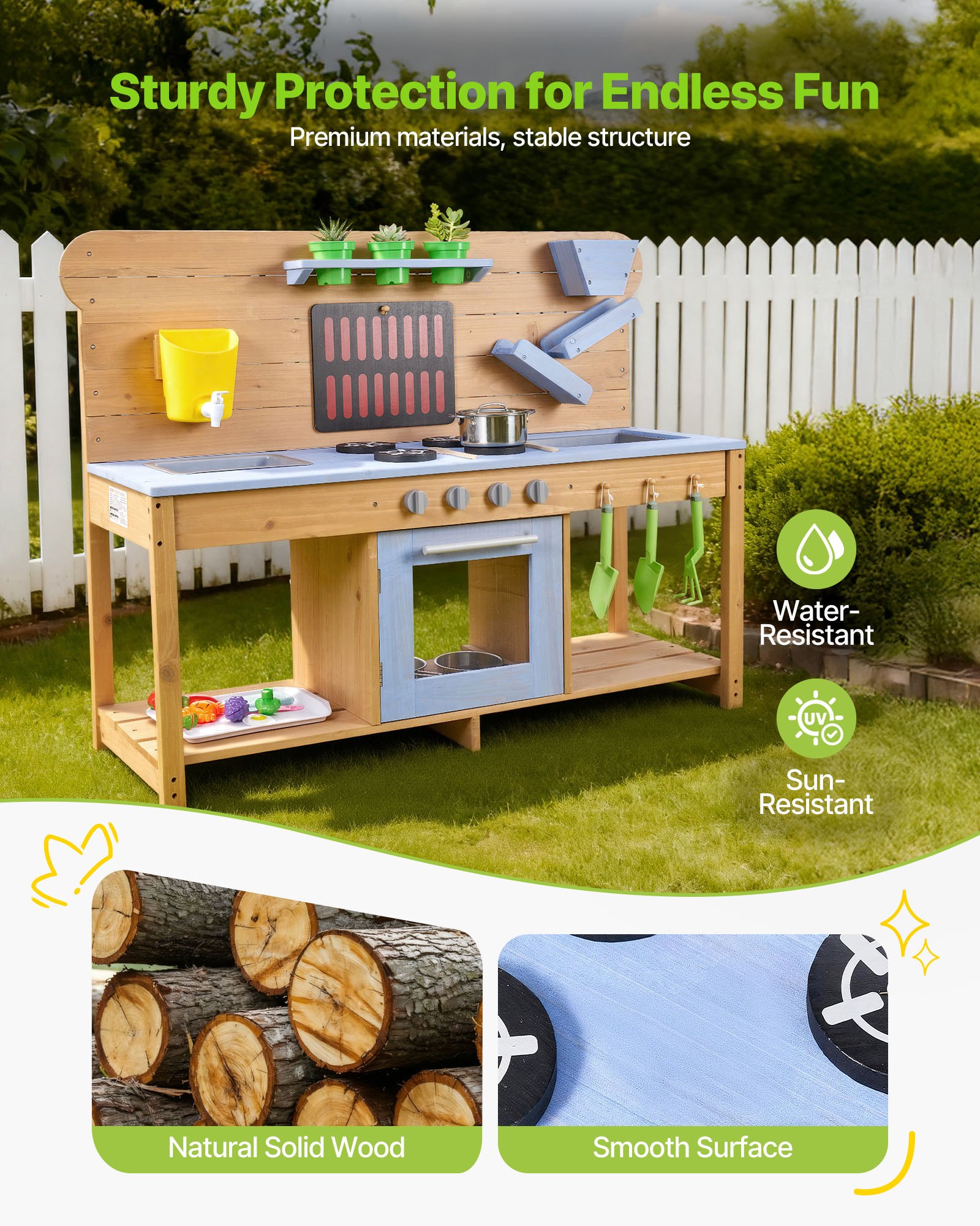 VEVOR Speelkeuken, Kinderkeuken met Fornuis, Haken, Dubbele Spoelbak, Plantspatel, Spatels, Kookgerei & Accessoires, Speelkeuken om mee te spelen met water en zand, Houten Keuken, 1220x425x930 mm