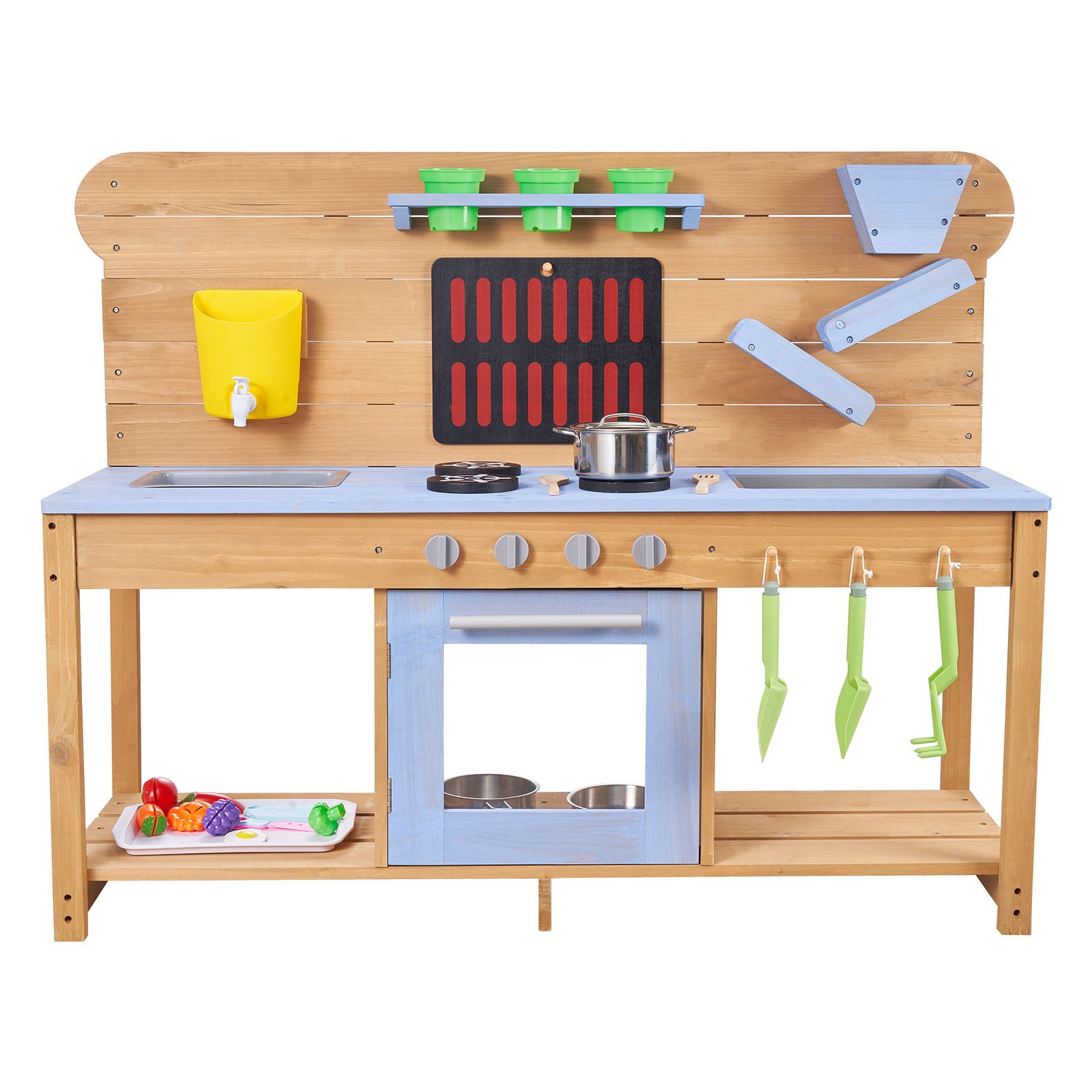 VEVOR Speelkeuken, Kinderkeuken met Fornuis, Haken, Dubbele Spoelbak, Plantspatel, Spatels, Kookgerei & Accessoires, Speelkeuken om mee te spelen met water en zand, Houten Keuken, 1220x425x930 mm