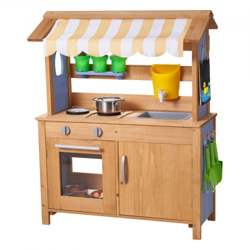 VEVOR Speelkeuken, Kinderkeuken, Speelgoedkeuken met Lepels, Spoelbak, Watertank, Zonnescherm, Schepjes, Kookgerei & Accessoires, Houten Buitenkeuken voor Kinderen vanaf 3 jaar, 795x339x1000mm