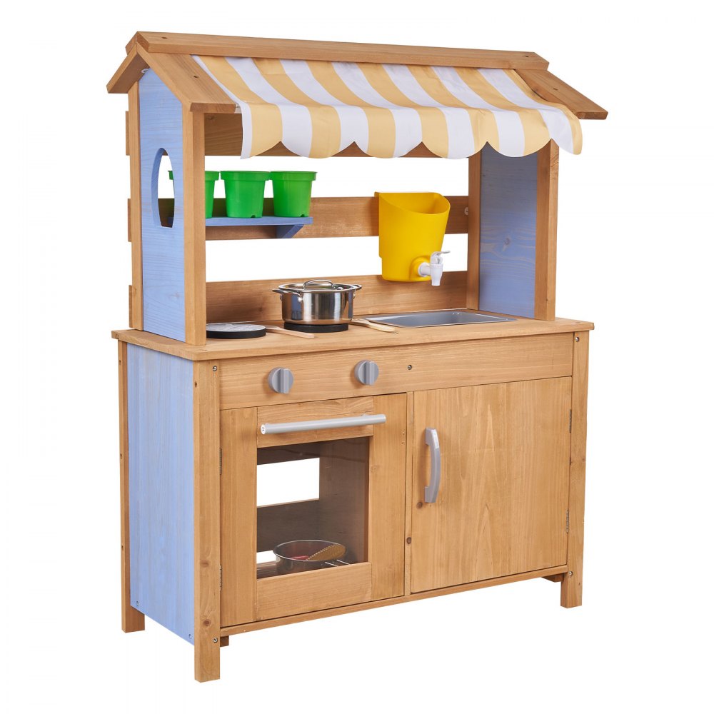 VEVOR Speelkeuken, Kinderkeuken, Speelgoedkeuken met Lepels, Spoelbak, Watertank, Zonnescherm, Schepjes, Kookgerei & Accessoires, Houten Buitenkeuken voor Kinderen vanaf 3 jaar, 795x339x1000mm