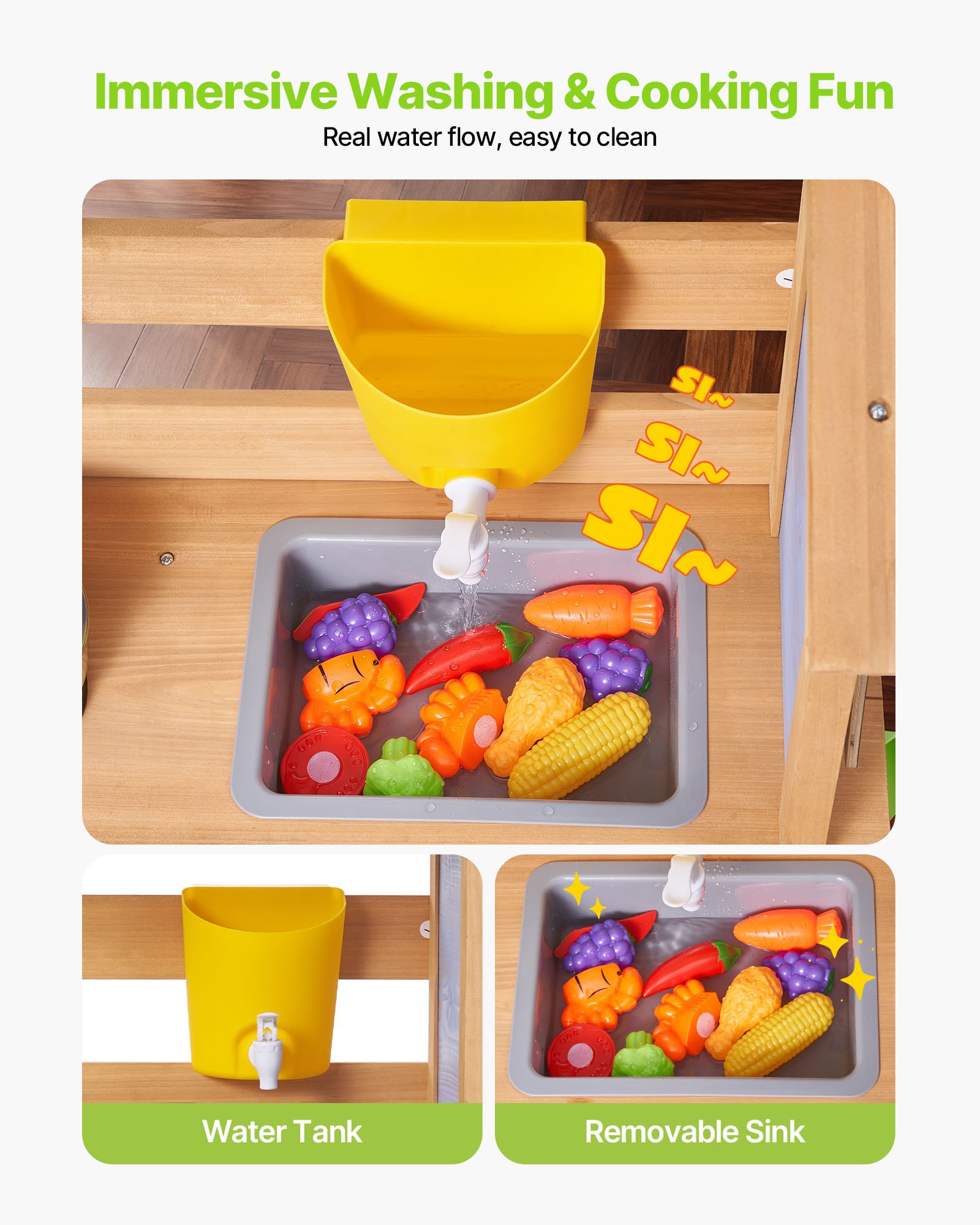VEVOR Speelkeuken, Kinderkeuken, Speelgoedkeuken met Lepels, Spoelbak, Watertank, Zonnescherm, Schepjes, Kookgerei & Accessoires, Houten Buitenkeuken voor Kinderen vanaf 3 jaar, 795x339x1000mm