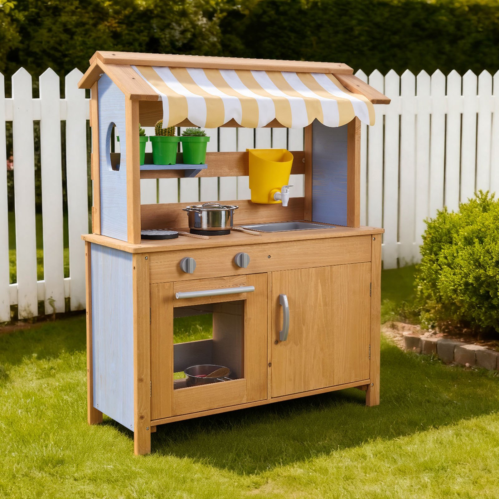 VEVOR Speelkeuken, Kinderkeuken, Speelgoedkeuken met Lepels, Spoelbak, Watertank, Zonnescherm, Schepjes, Kookgerei & Accessoires, Houten Buitenkeuken voor Kinderen vanaf 3 jaar, 795x339x1000mm