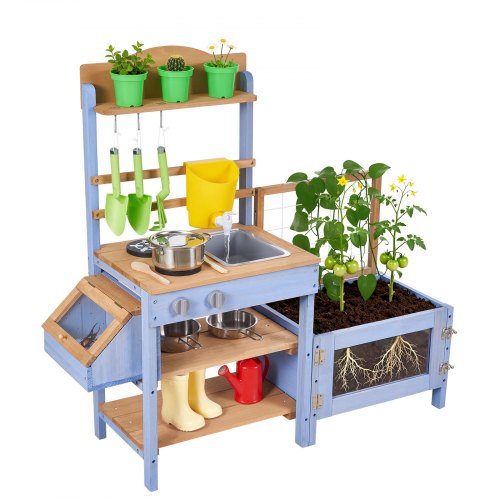 VEVOR Speelkeuken, Kinderkeuken, Houten Speelgoedkeuken met Plantenbak, Watertank, Spoelbak, Kookgerei & Accessoires, Houten Keuken voor Tuin & Gazon, voor Kinderen vanaf 3 jaar, 1060x370x995mm