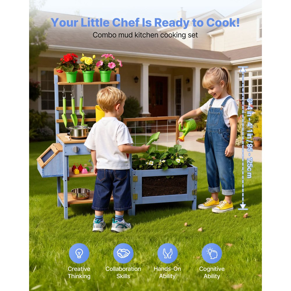 VEVOR Speelkeuken, Kinderkeuken, Houten Speelgoedkeuken met Plantenbak, Watertank, Spoelbak, Kookgerei & Accessoires, Houten Keuken voor Tuin & Gazon, voor Kinderen vanaf 3 jaar, 1060x370x995mm