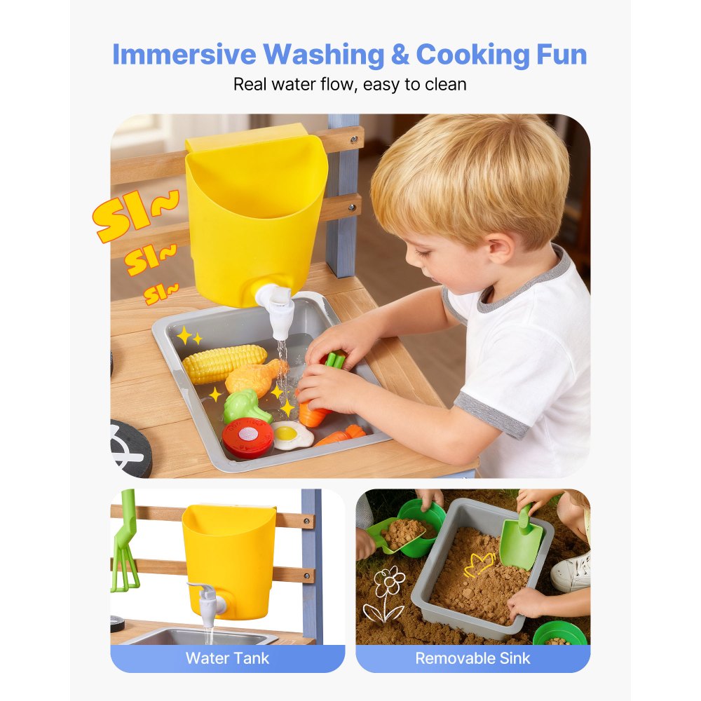 VEVOR Speelkeuken, Kinderkeuken, Houten Speelgoedkeuken met Plantenbak, Watertank, Spoelbak, Kookgerei & Accessoires, Houten Keuken voor Tuin & Gazon, voor Kinderen vanaf 3 jaar, 1060x370x995mm