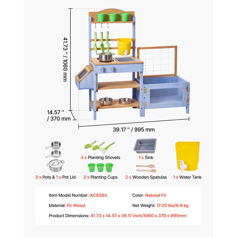 VEVOR Speelkeuken, Kinderkeuken, Houten Speelgoedkeuken met Plantenbak, Watertank, Spoelbak, Kookgerei & Accessoires, Houten Keuken voor Tuin & Gazon, voor Kinderen vanaf 3 jaar, 1060x370x995mm