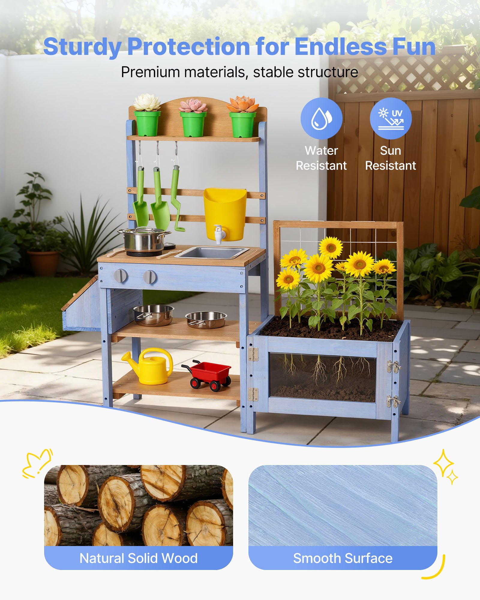 VEVOR Speelkeuken, Kinderkeuken, Houten Speelgoedkeuken met Plantenbak, Watertank, Spoelbak, Kookgerei & Accessoires, Houten Keuken voor Tuin & Gazon, voor Kinderen vanaf 3 jaar, 1060x370x995mm