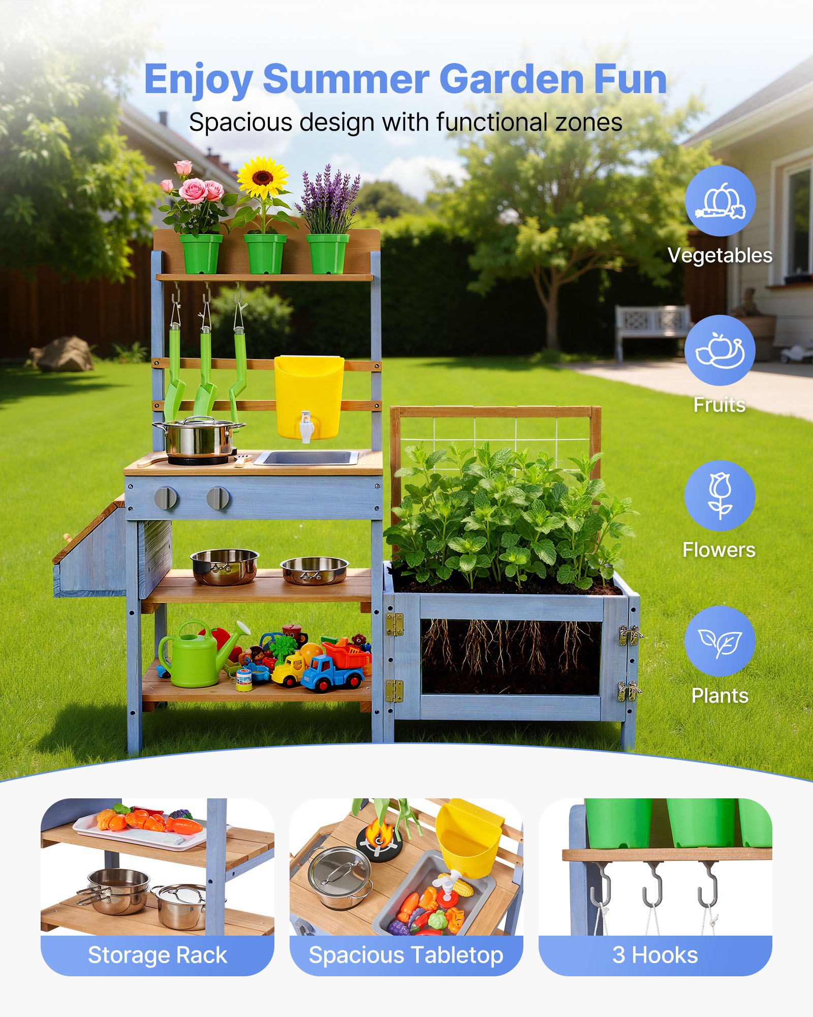 VEVOR Speelkeuken, Kinderkeuken, Houten Speelgoedkeuken met Plantenbak, Watertank, Spoelbak, Kookgerei & Accessoires, Houten Keuken voor Tuin & Gazon, voor Kinderen vanaf 3 jaar, 1060x370x995mm