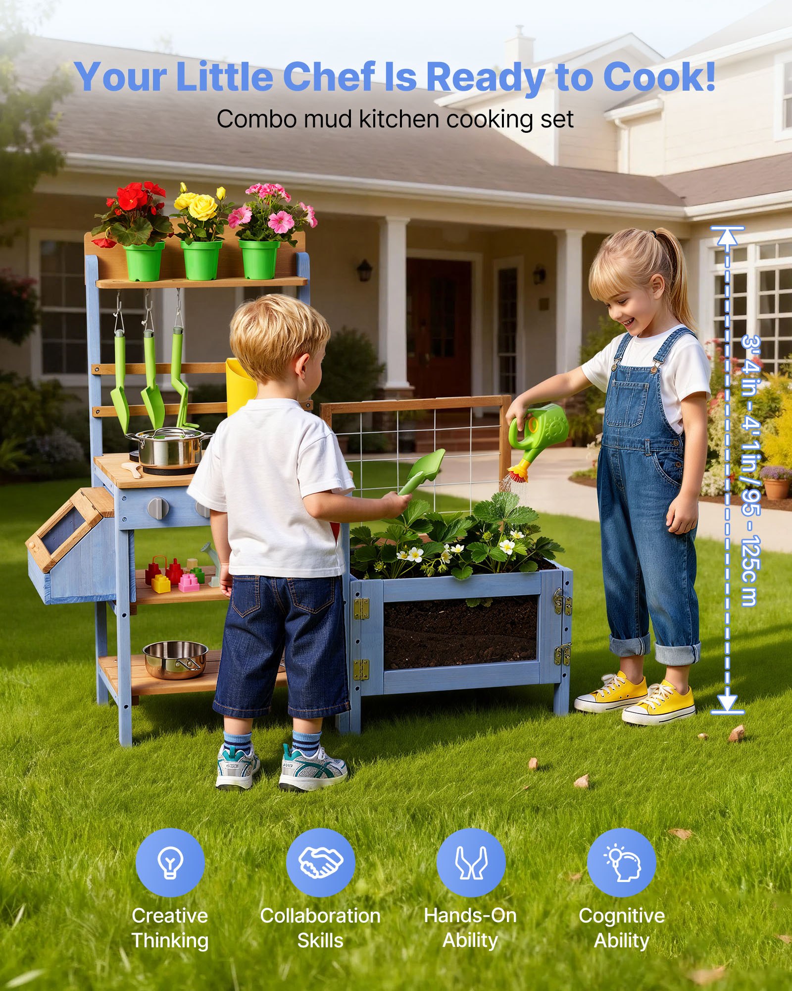 VEVOR Speelkeuken, Kinderkeuken, Houten Speelgoedkeuken met Plantenbak, Watertank, Spoelbak, Kookgerei & Accessoires, Houten Keuken voor Tuin & Gazon, voor Kinderen vanaf 3 jaar, 1060x370x995mm