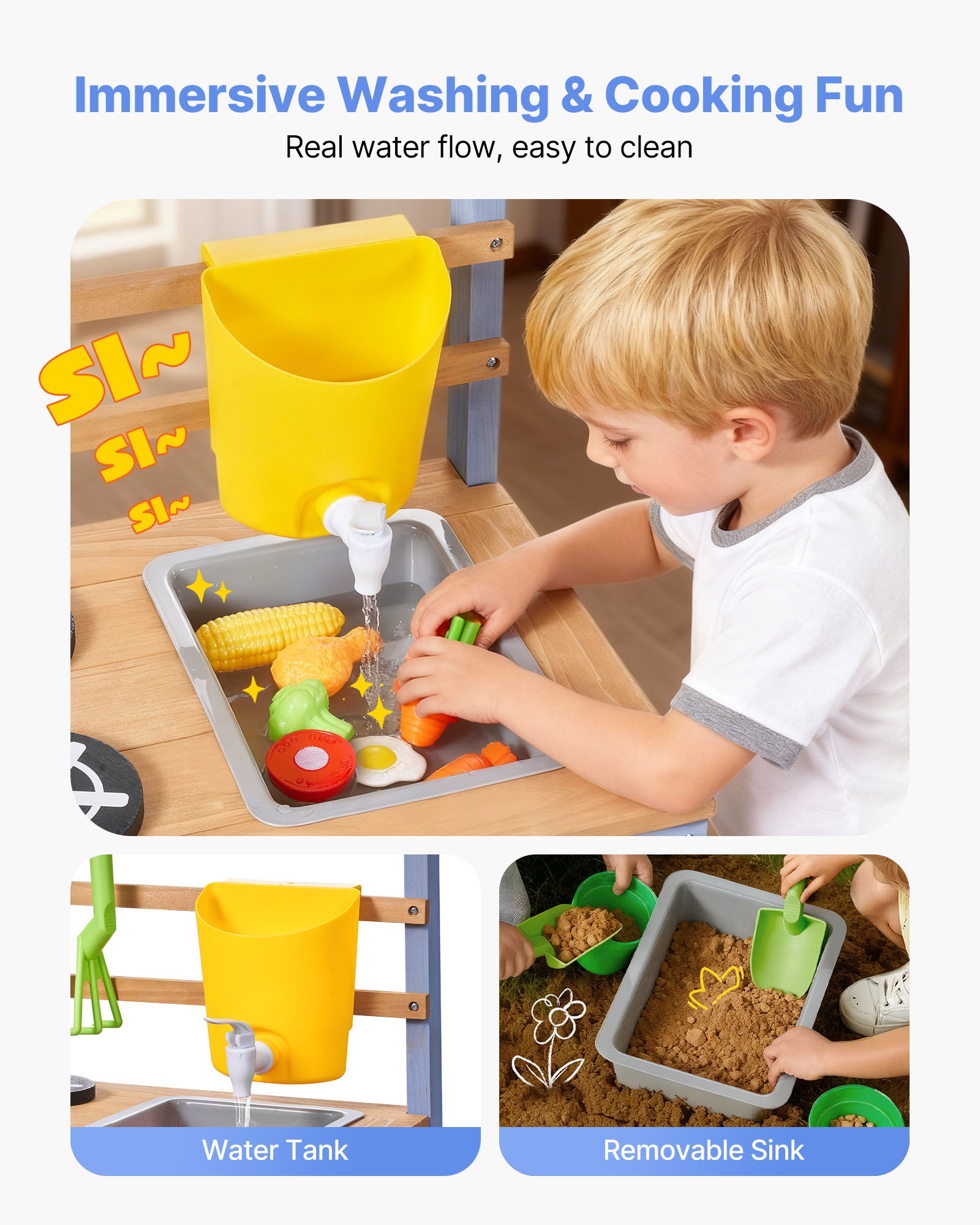 VEVOR Speelkeuken, Kinderkeuken, Houten Speelgoedkeuken met Plantenbak, Watertank, Spoelbak, Kookgerei & Accessoires, Houten Keuken voor Tuin & Gazon, voor Kinderen vanaf 3 jaar, 1060x370x995mm