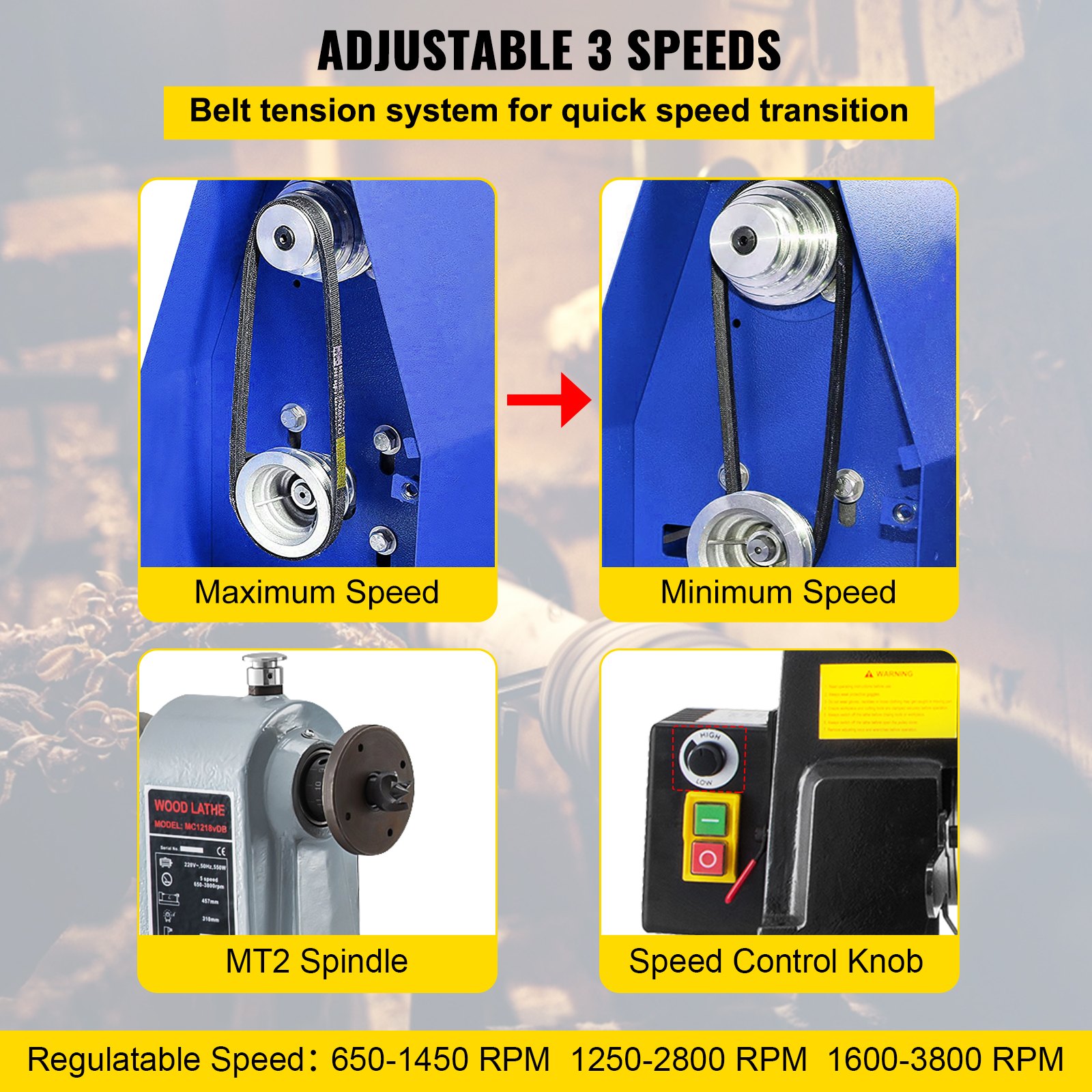 VEVOR Variabele snelheid 650-3800 Rpm Tafelblad houtdraaibank 550 W Houtbewerking DIY-draaibank Houtdraaibank Machine met 3 / 4pk motor MT2-spindel voor buiten en thuis Hobbywerk Graveren