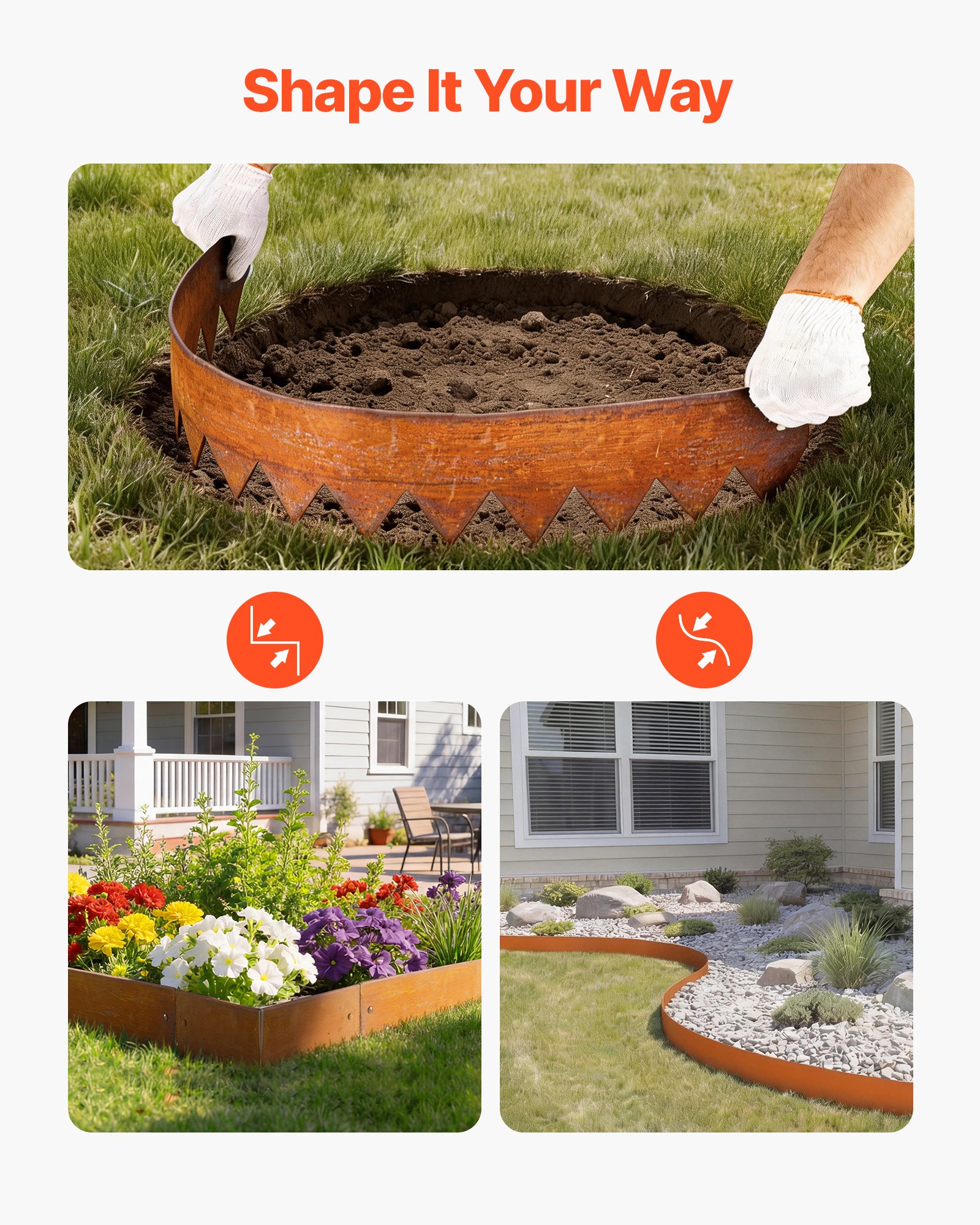 VEVOR Corten Steel Landscape Edging, 6-Pack 1016 x 152 mm Metal Edging for Landscaping with 8 Connecting Plates, Bendable Metal Garden Edge Border for Flower Bed, Yard Pathway, Rust