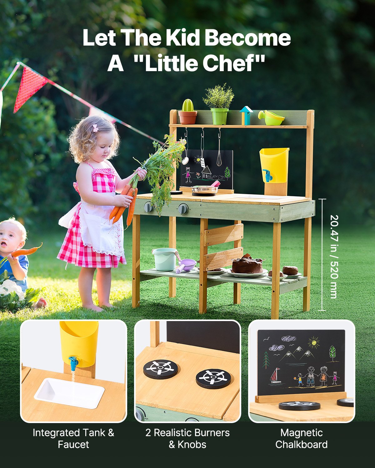 VEVOR Mud Kitchen for Kids, Wooden Toy Play Kitchen Set, Outdoor Toddler Grocery Store Playset, Pretend Play Kitchen with Planter Box, Stoves, Tank, Faucet, Blackboard, Cookware Pots and Accessories