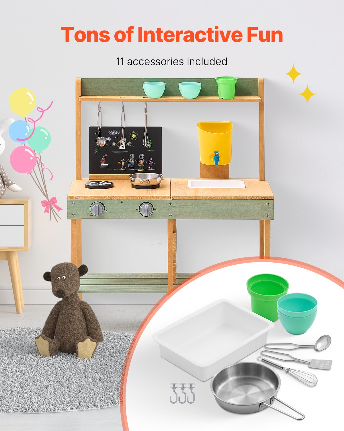 VEVOR Mud Kitchen for Kids, Wooden Toy Play Kitchen Set, Outdoor Toddler Grocery Store Playset, Pretend Play Kitchen with Planter Box, Stoves, Tank, Faucet, Blackboard, Cookware Pots and Accessories