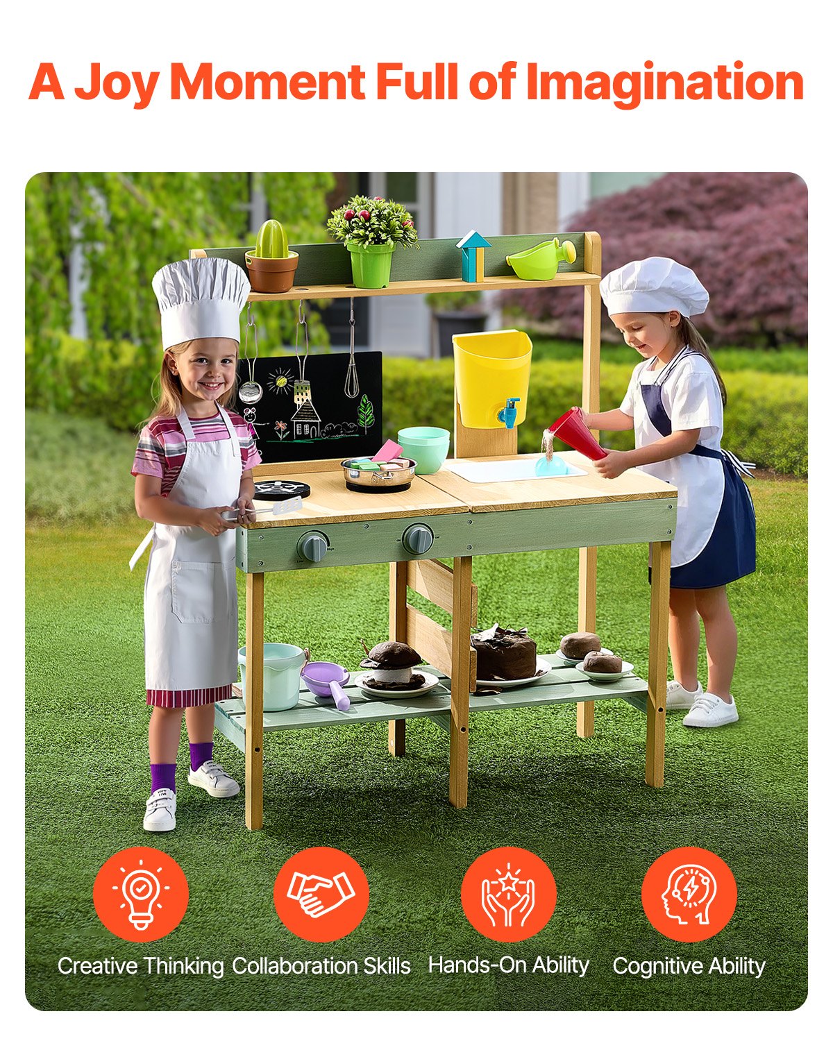 VEVOR Mud Kitchen for Kids, Wooden Toy Play Kitchen Set, Outdoor Toddler Grocery Store Playset, Pretend Play Kitchen with Planter Box, Stoves, Tank, Faucet, Blackboard, Cookware Pots and Accessories