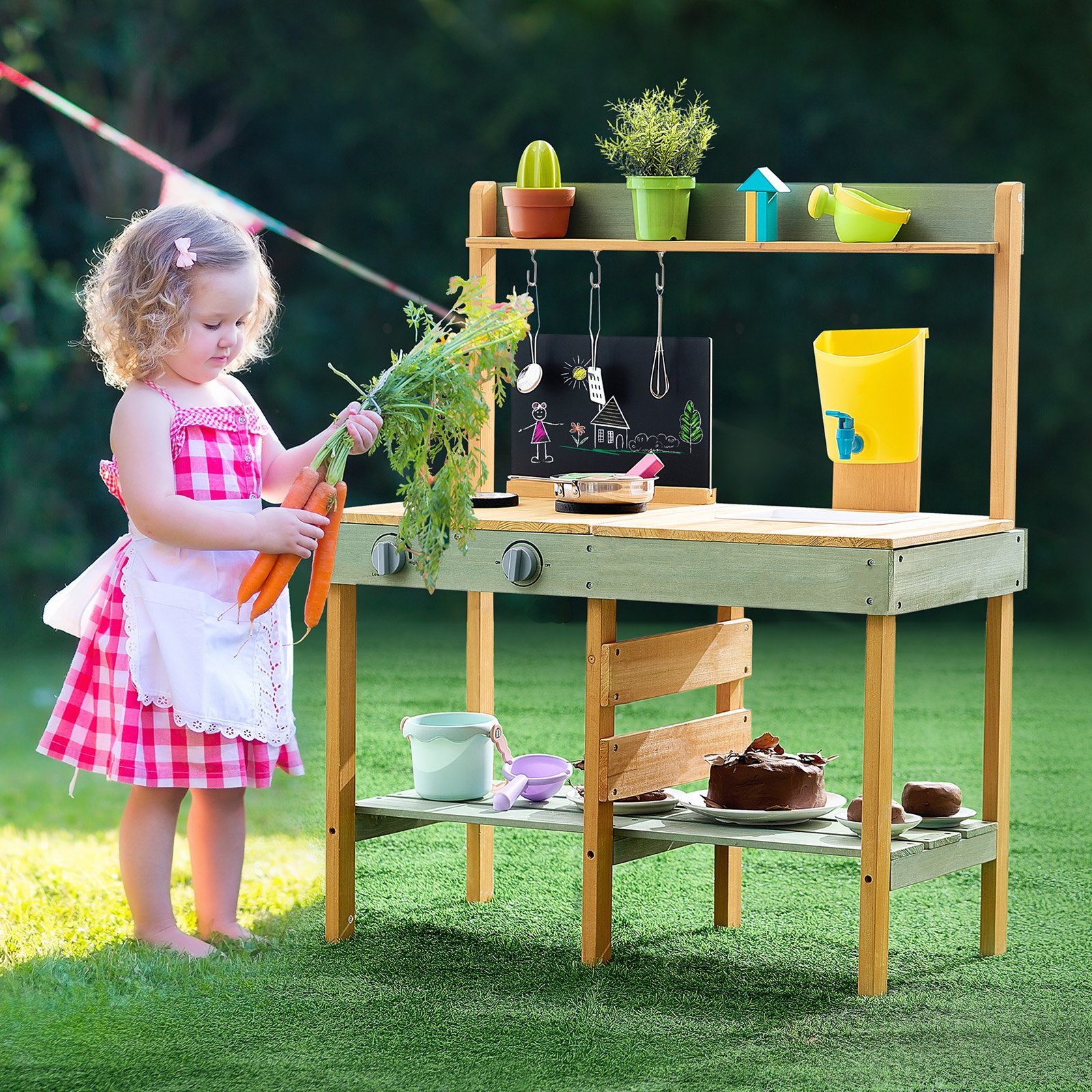 VEVOR Mud Kitchen for Kids, Wooden Toy Play Kitchen Set, Outdoor Toddler Grocery Store Playset, Pretend Play Kitchen with Planter Box, Stoves, Tank, Faucet, Blackboard, Cookware Pots and Accessories
