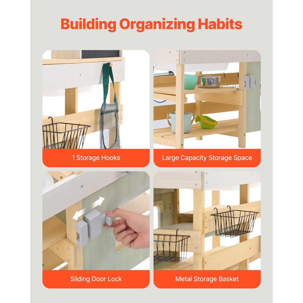 VEVOR Modderkeuken 890x990x380 mm, Houten Speelkeukenset, Buitenkeuken voor Kinderen, Speelkeuken met Fornuis, Tank, Kraan, Opbergtas, Metalen Manden en Kookpotten