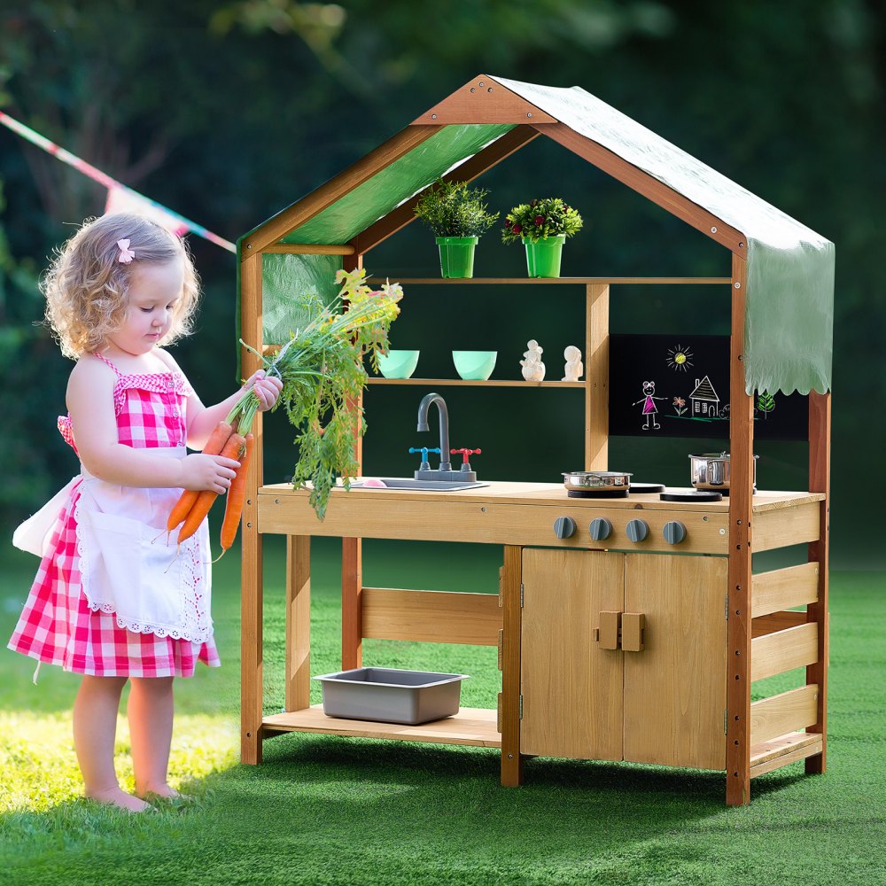 VEVOR Mud Kitchen for Kids, Wooden Toy Play Kitchen Set with Accessories, Outdoor Toddler Grocery Store Playset, Pretend Play Kitchen with Stoves, Planter Boxes, Sink, Faucet, Blackboard, Cookware Pot