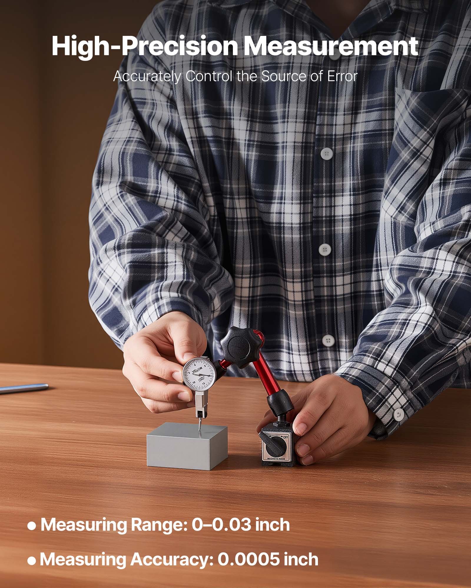 VEVOR-meetklok met magnetische standaard en opbergkoffer, nauwkeurigheid van 0,01 mm, bereik van 0-0,76 mm, microkogelgreep voor metingen in krappe ruimtes, industriële bewerking en inspectie