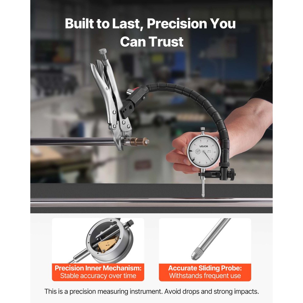 VEVOR-meetklok met 360° flexibele arm en 360°-griptang, nauwkeurigheid 0,03 mm, bereik 0-25,4 mm, professioneel voor het instellen van machines, meten van krappe ruimtes, opbergkoffer