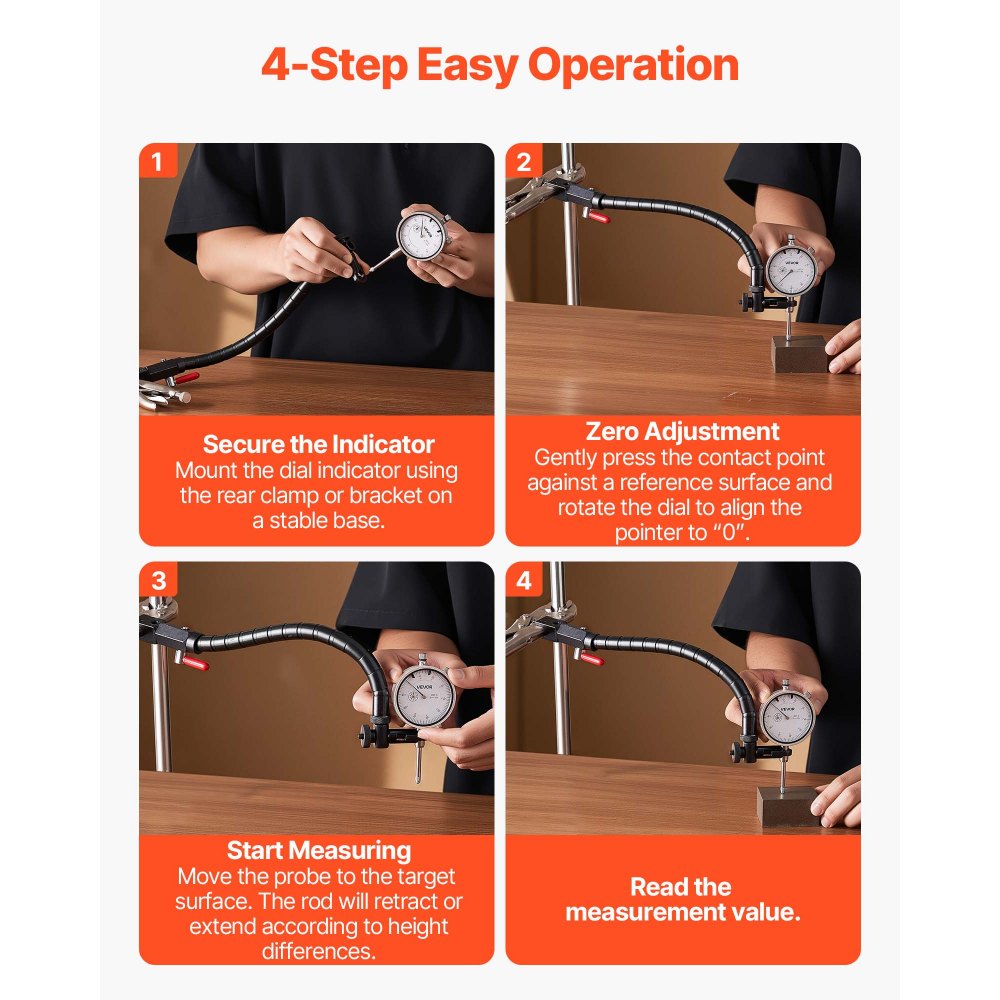VEVOR-meetklok met 360° flexibele arm en 360°-griptang, nauwkeurigheid 0,03 mm, bereik 0-25,4 mm, professioneel voor het instellen van machines, meten van krappe ruimtes, opbergkoffer