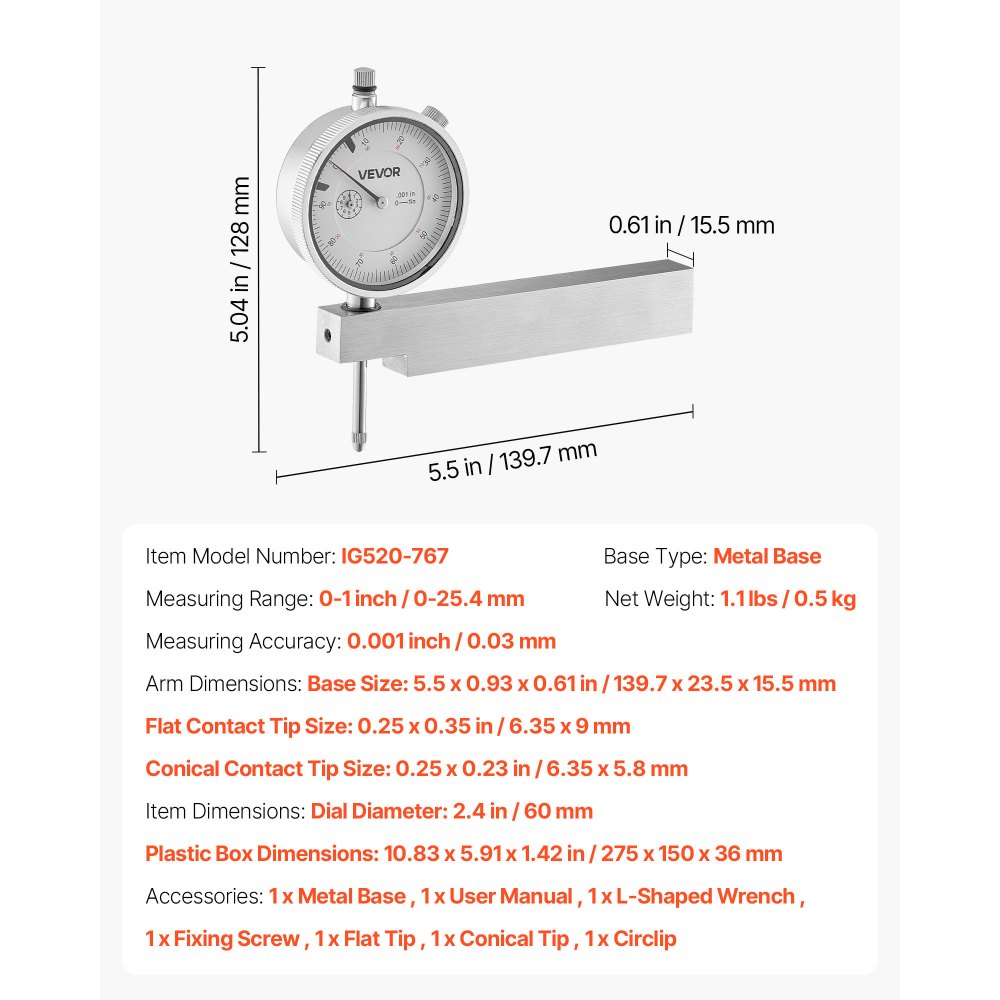 VEVOR Dial Test Indicator with Metal Base, 0.03 mm Accuracy, 0-25.4mm Range, Easy to Read Large Dial, Professional for Narrow Area Measurement, Industrial Machining & Inspection, Precision Testing