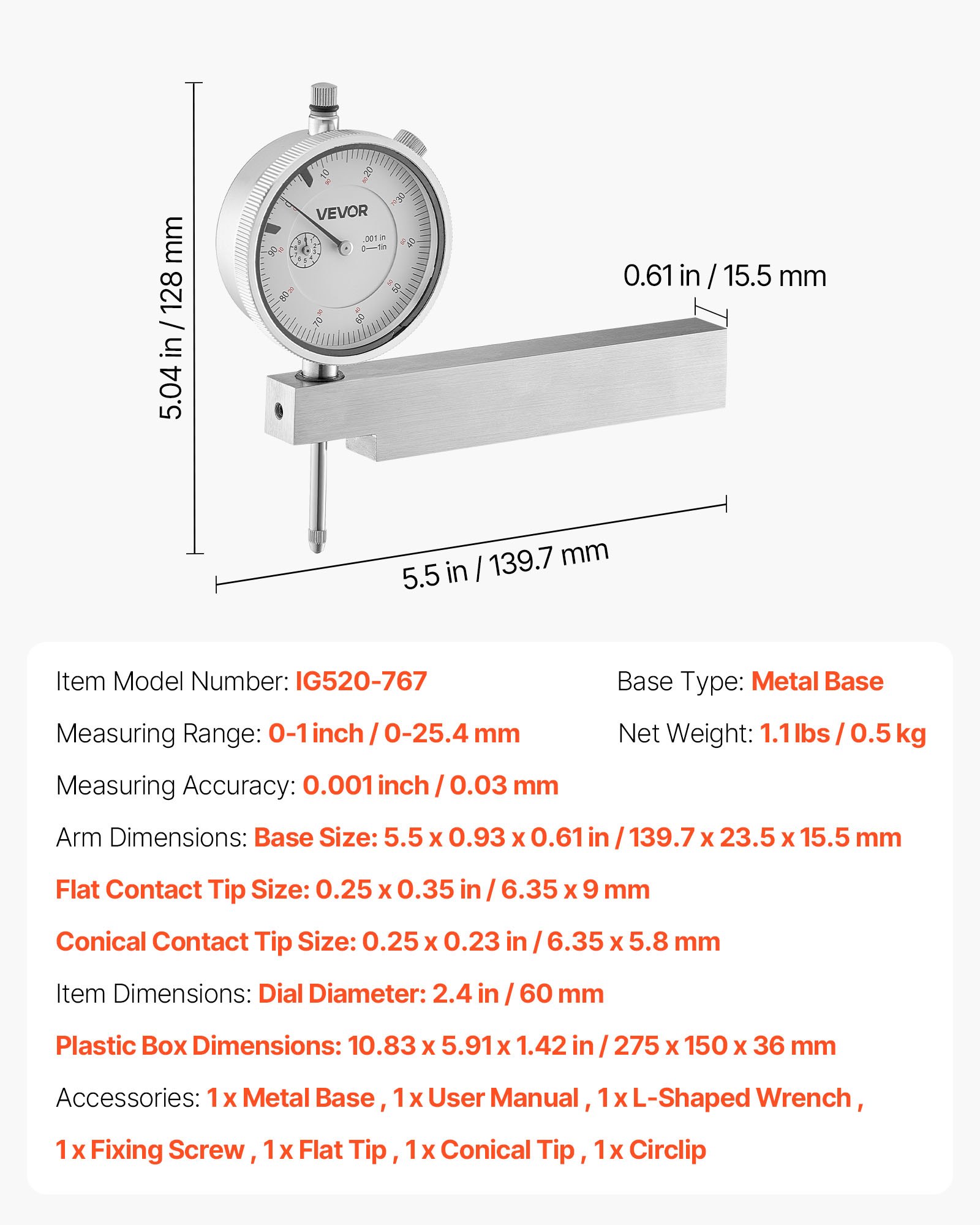 VEVOR Dial Test Indicator with Metal Base, 0.03 mm Accuracy, 0-25.4mm Range, Easy to Read Large Dial, Professional for Narrow Area Measurement, Industrial Machining & Inspection, Precision Testing