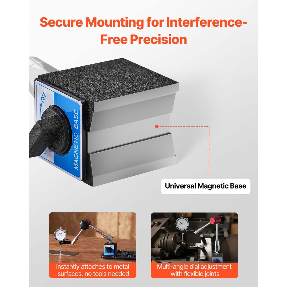 VEVOR-klokindicator met magnetische standaard, magnetische basis, nauwkeurigheid 0,03 mm, bereik 0-25,4 mm, klokindicatorhouder, professioneel voor machine-instelling, meting van smalle oppervlakken, gemakkelijk af te lezen