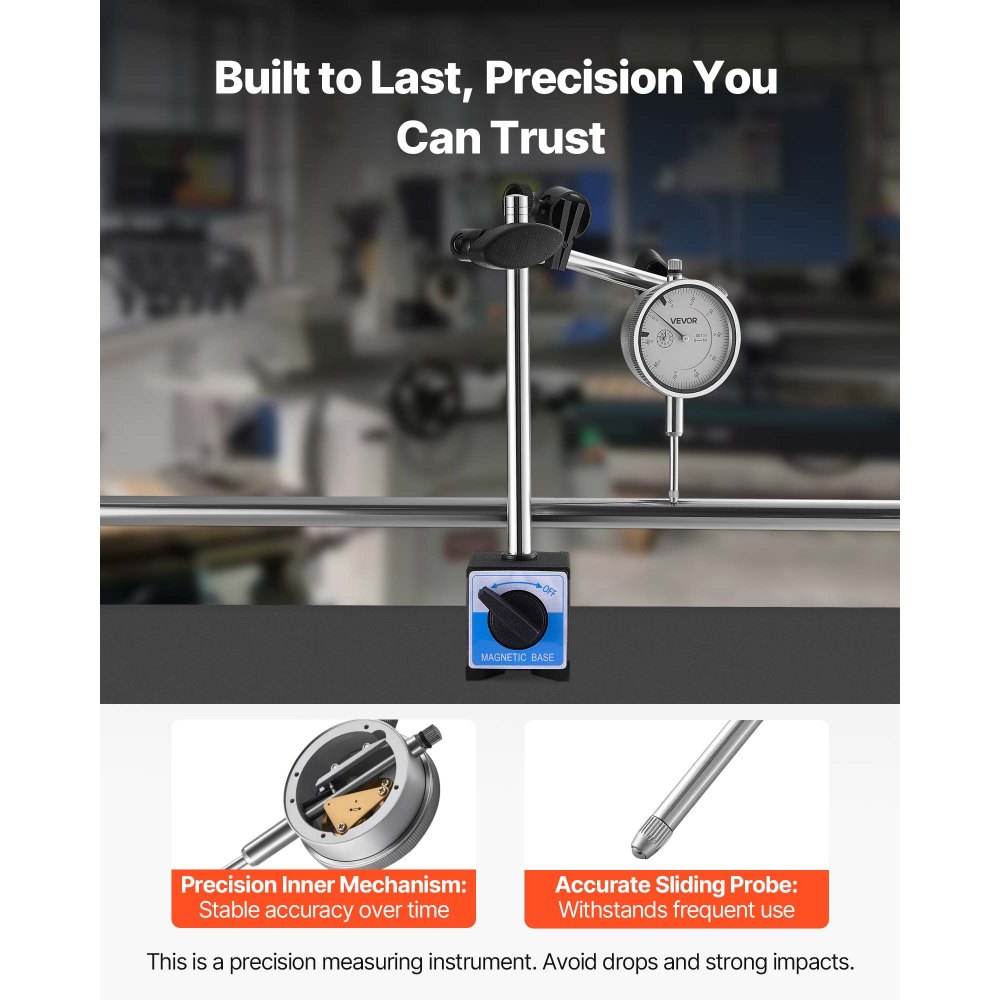 VEVOR Dial Test Indicator, 0.03 mm Accuracy, 0-25.4mm Measuring Range, Easy to Read Large Dial, Professional for Internal Diameter Measurement, Runout Detection, Flatness Inspection