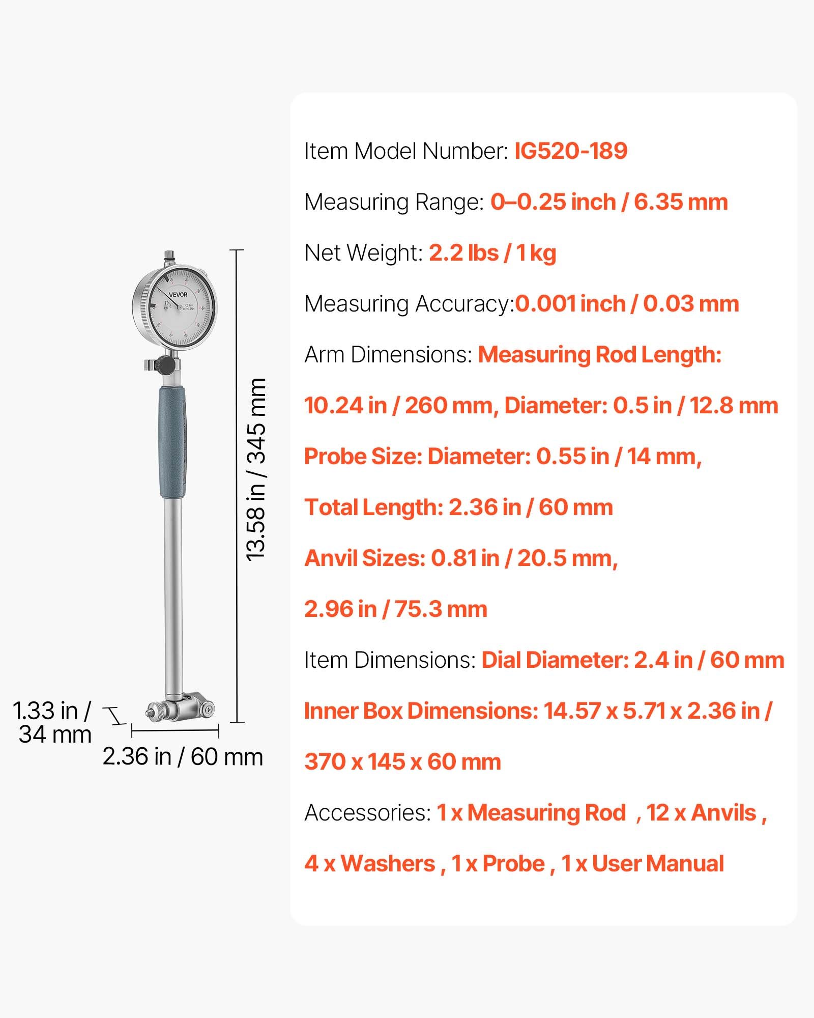 VEVOR Binnendiameter Meetklokset, Meetklok met 0,03 mm nauwkeurigheid, 0-6,35 mm boringmaat, boringmaat met staaf, opbergkoffer, aambeelden voor industriële machinale metingen